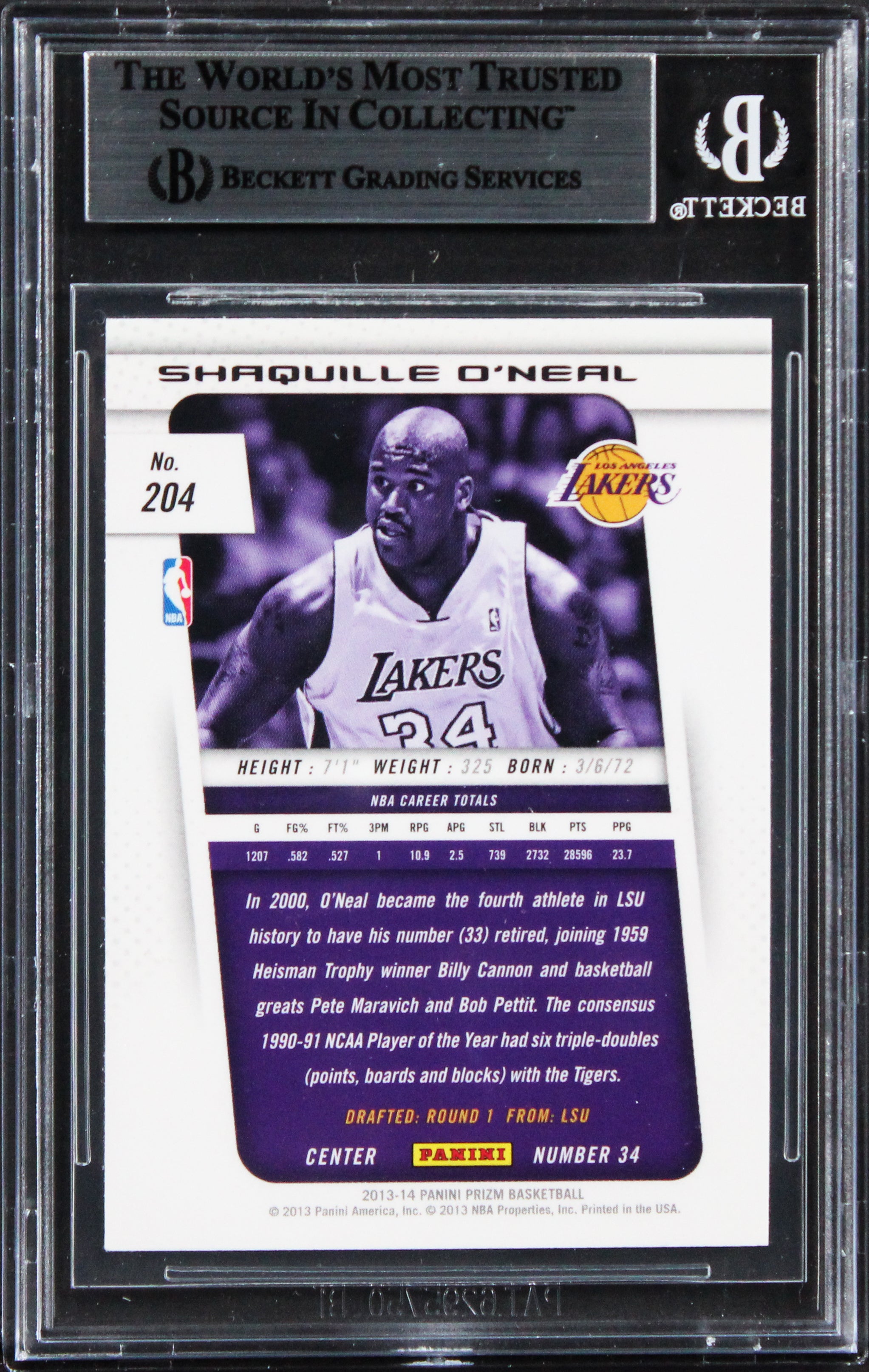 Lakers Shaquille O'Neal Authentic Signed 2013 Panini Prizm #204 Card BAS Slabbed
