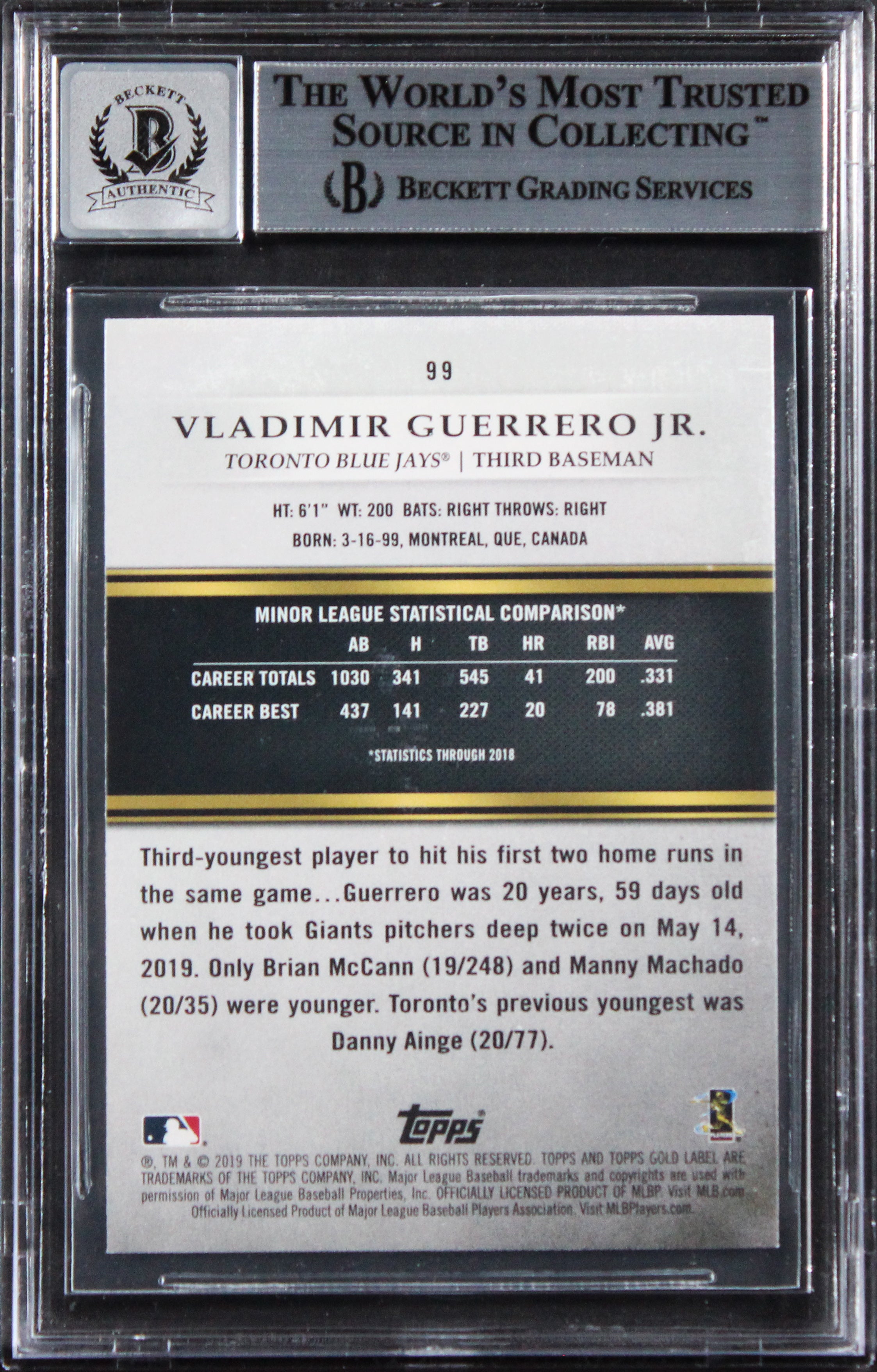 Blue Jays Vlad Guerrero Jr. Signed 2019 Topps #99 Rookie Card Auto 10! BAS Slab