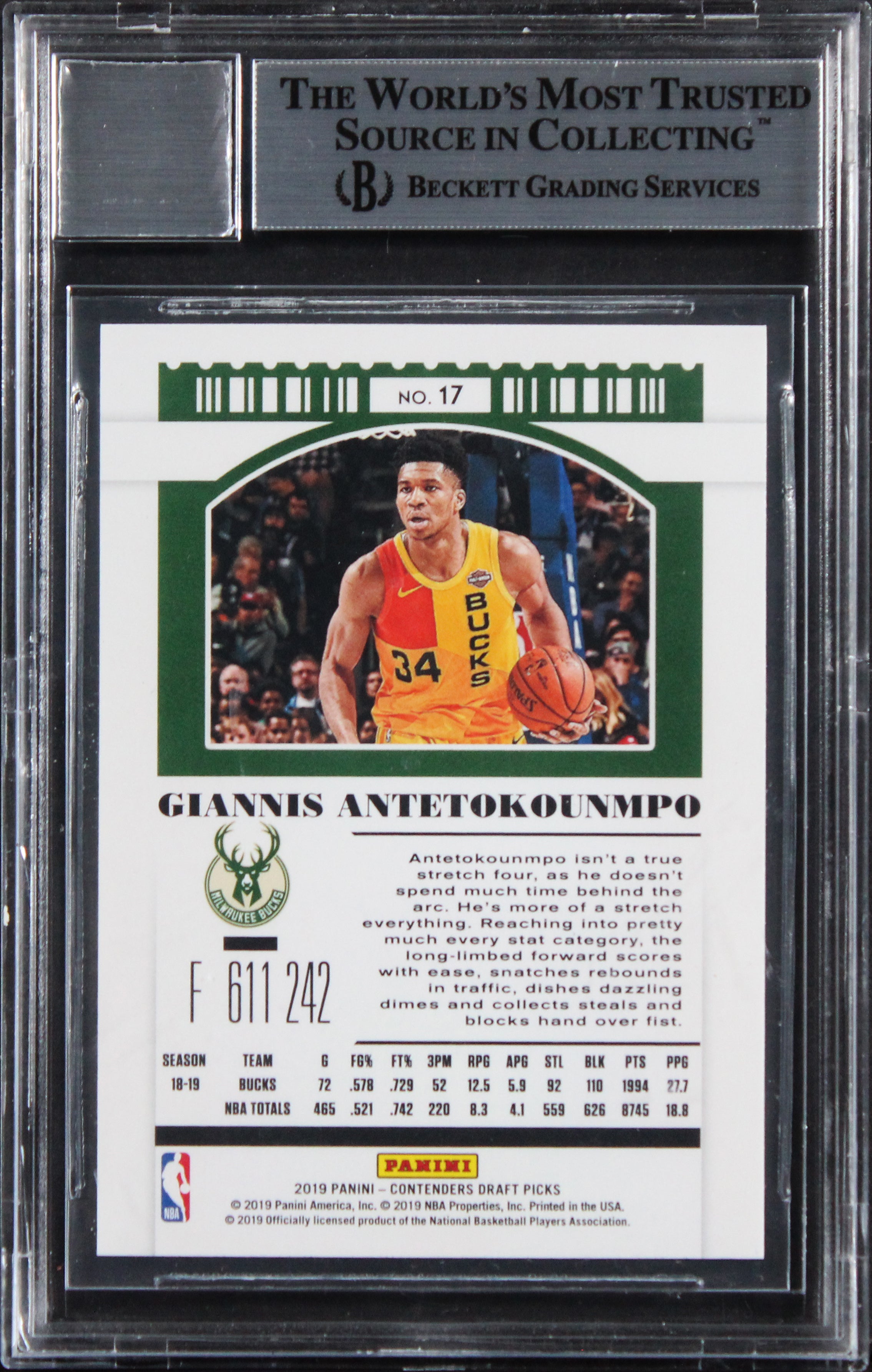Bucks Giannis Antetokounmpo Signed 2019 Contenders DP #317 Card Auto 10 BAS Slab