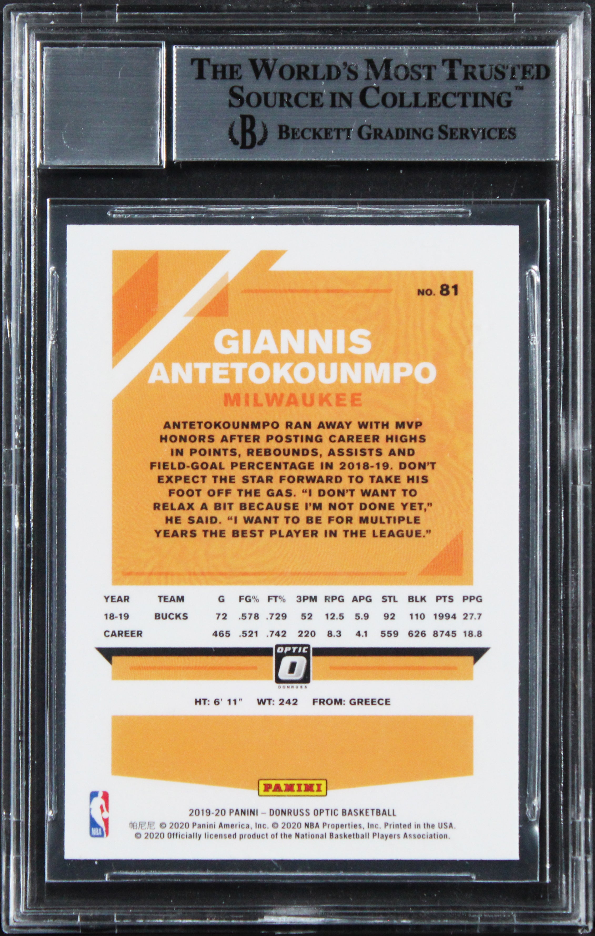 Bucks Giannis Antetokounmpo Signed 2019 Donruss Optic #81 Card Auto 10! BAS Slab