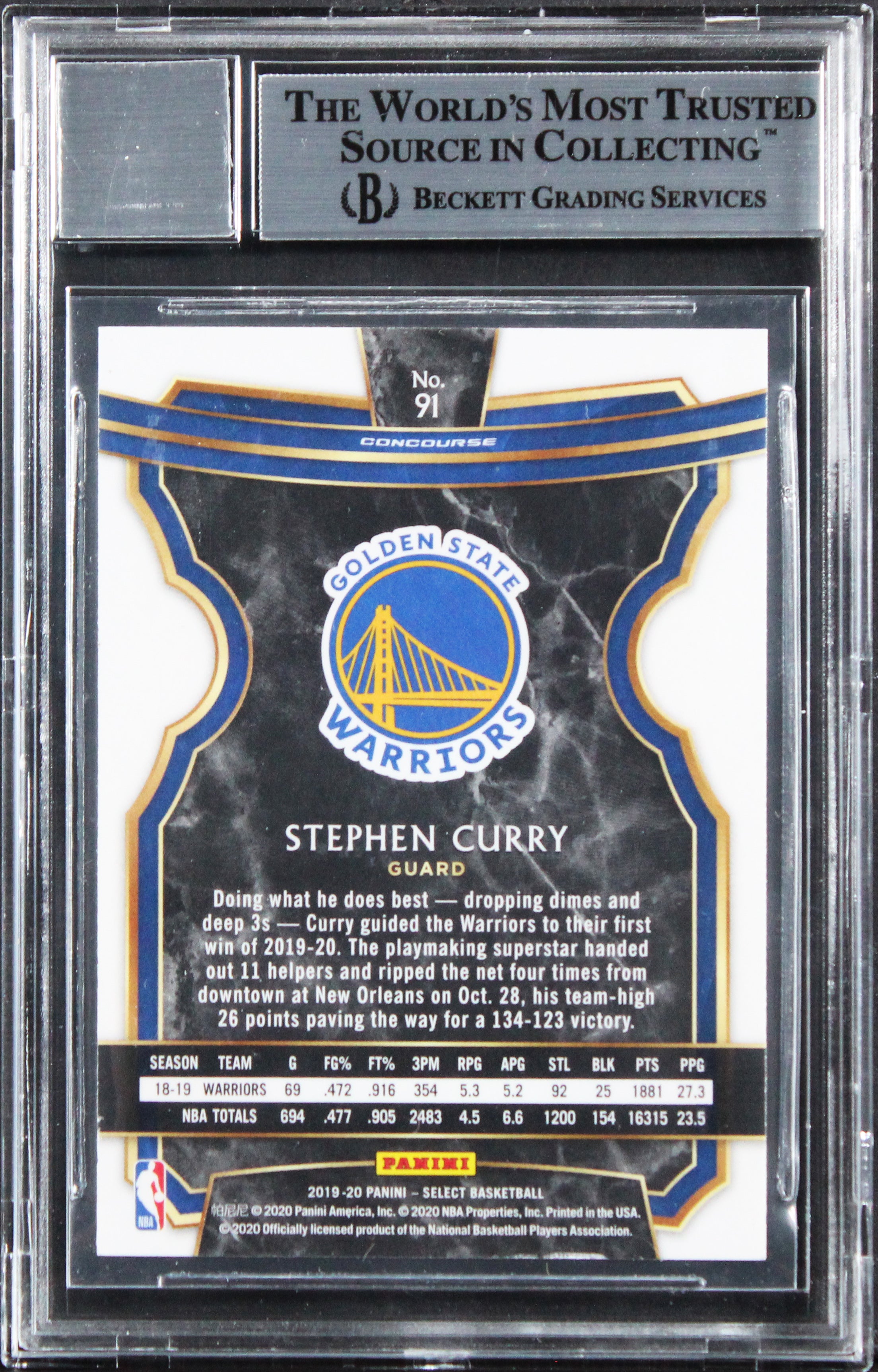Warriors Stephen Curry Signed 2019 Select #91 Card Auto Grade 10! BAS Slabbed