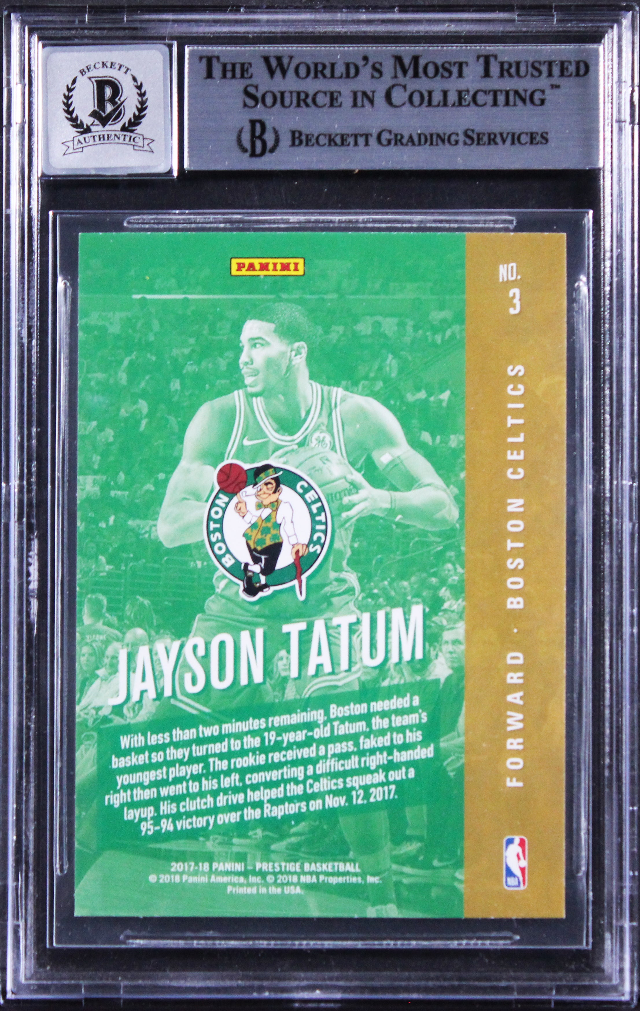 Celtics Jayson Tatum Signed 2017 Prestige #3 Rookie Card Auto 10! BAS Slabbed