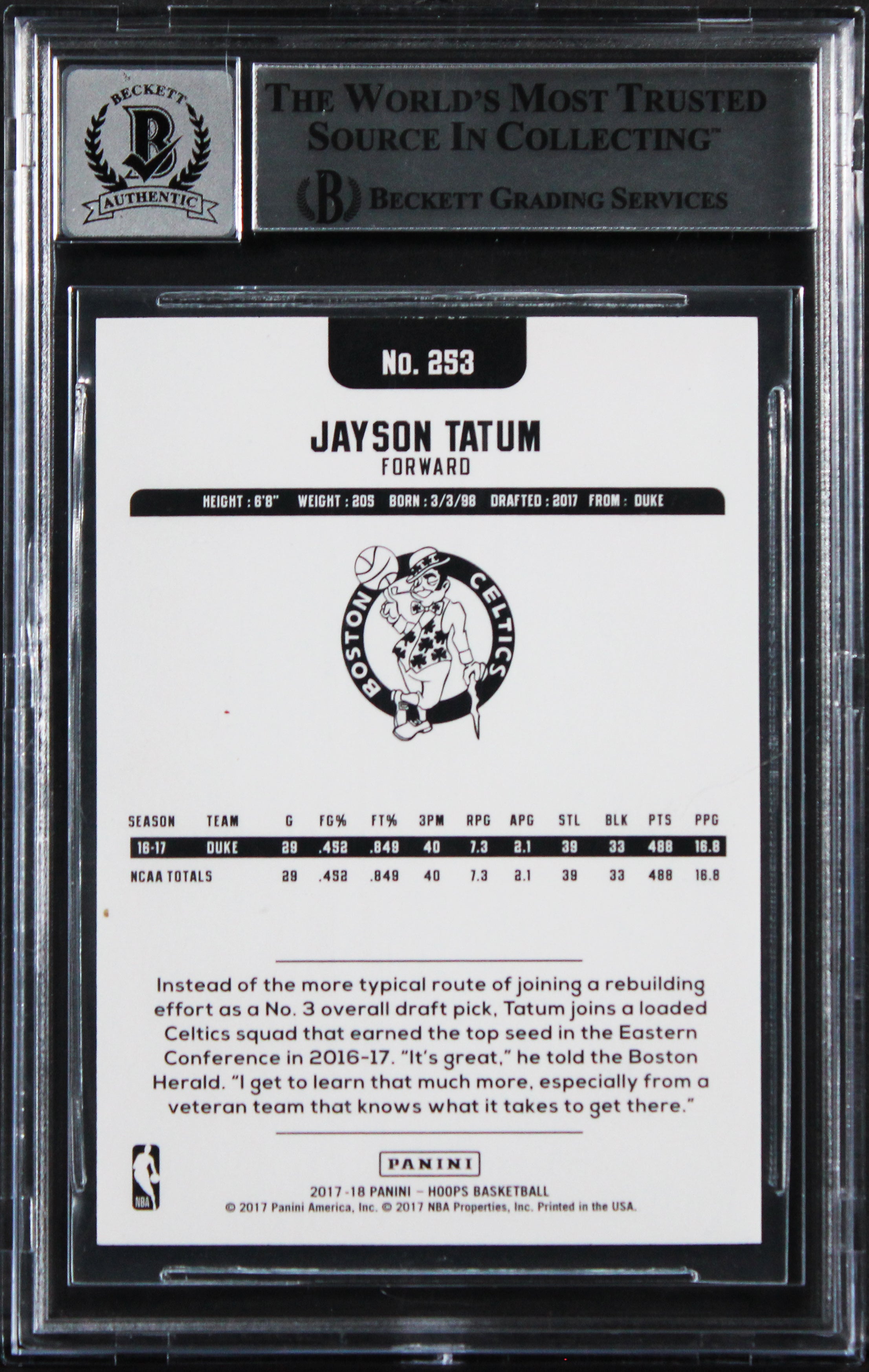 Celtics Jayson Tatum Signed 2017 Hoops Blue #253 RC Card Auto 10! BAS Slabbed