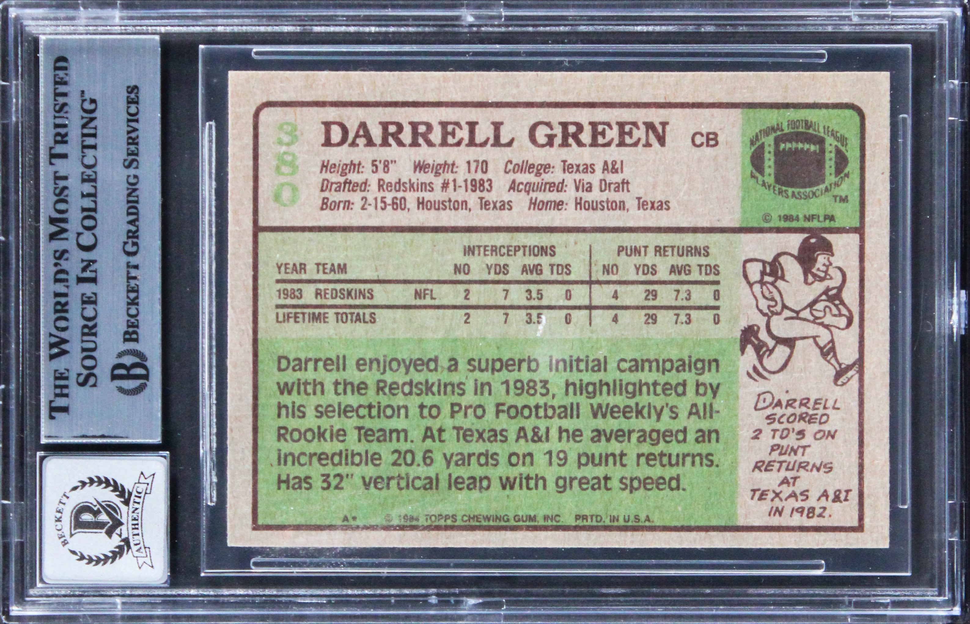 Commanders Darrell Green "HOF 08" Signed 1984 Topps #380 Card Auto 10! BAS Slab