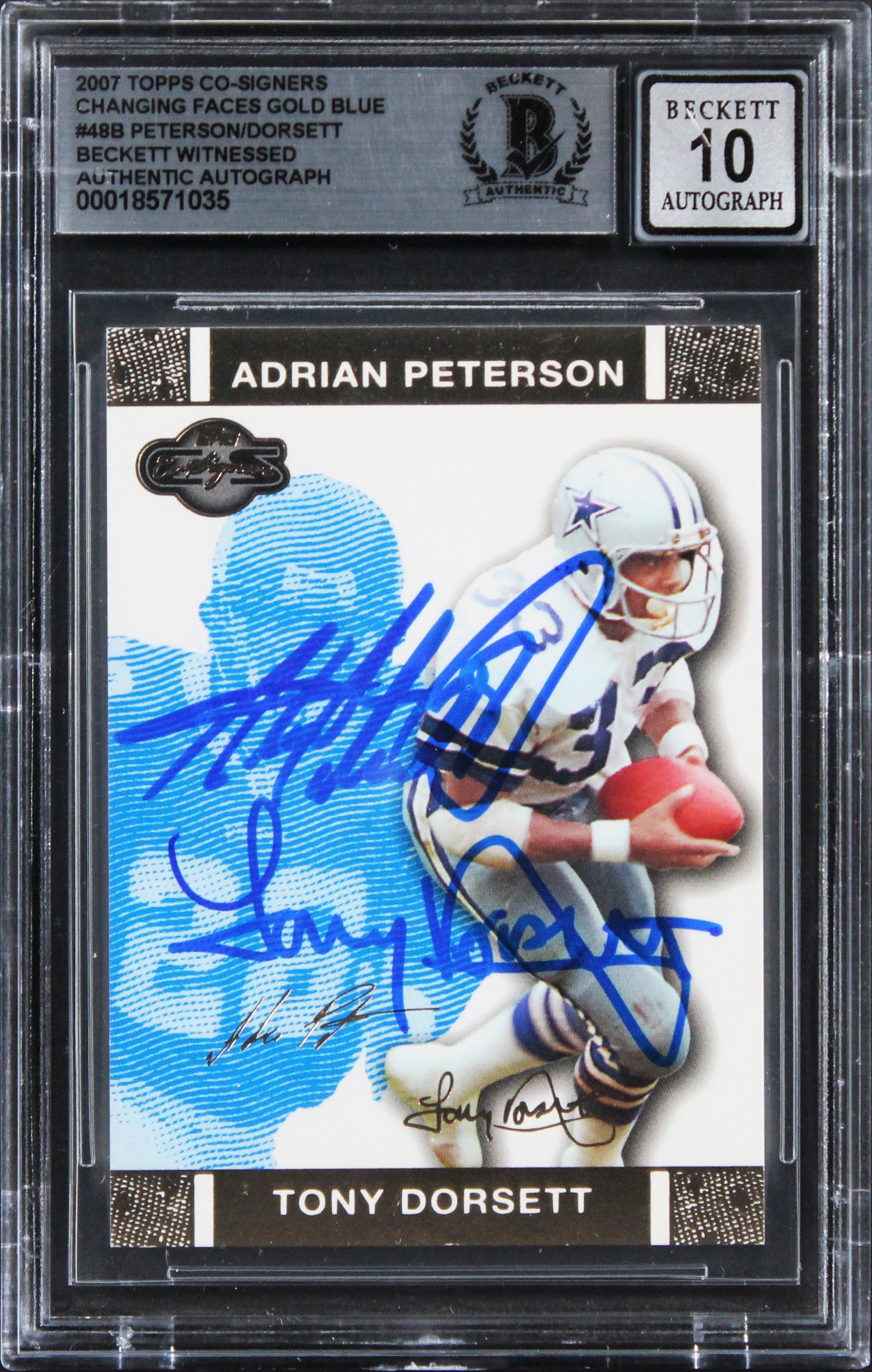 Peterson & Dorsett Signed 2007 Topps Co-Signers CF GB #48B Card Auto 10 BAS Slab