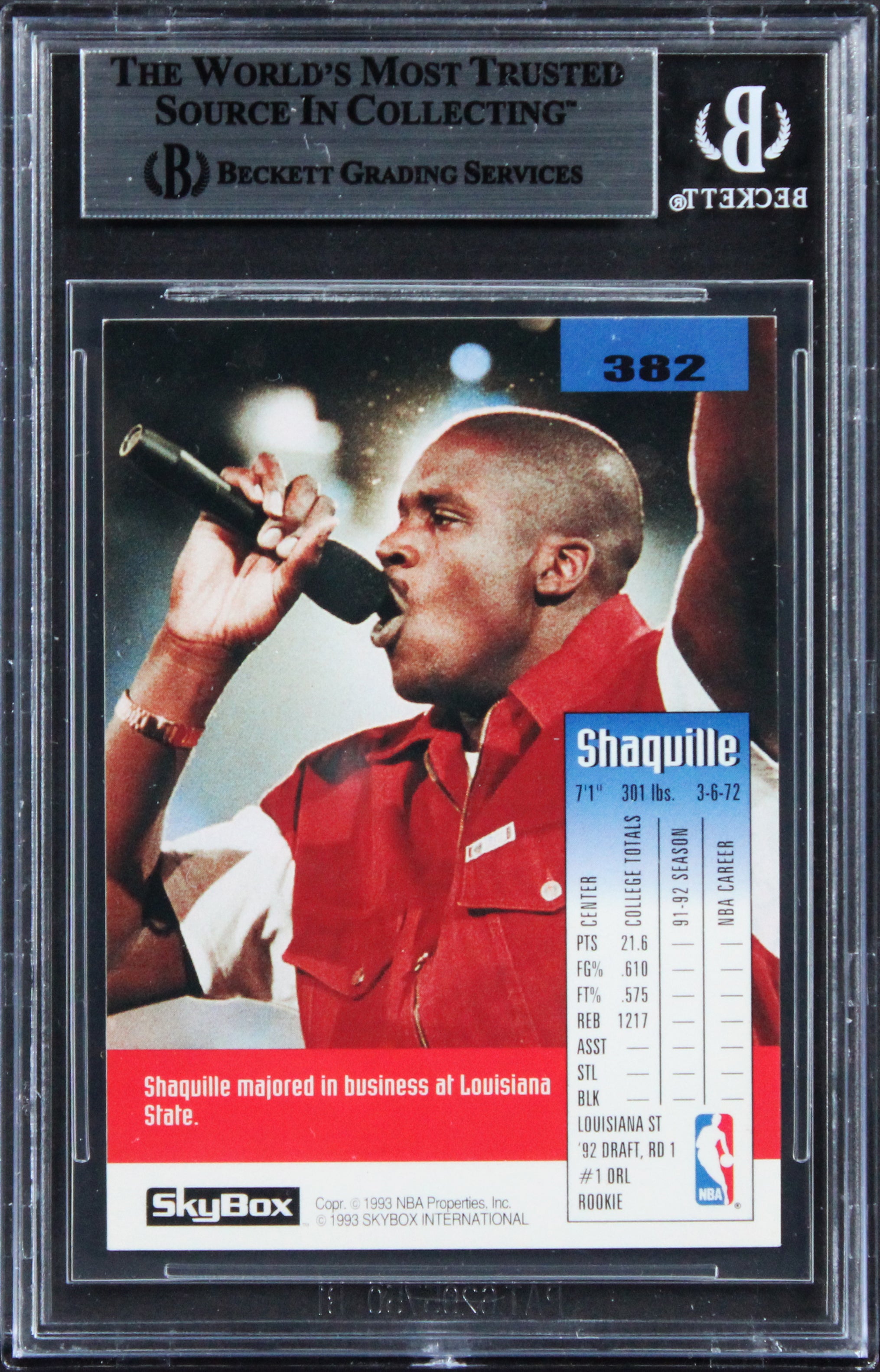 Magic Shaquille O'Neal Authentic Signed 1992 Skybox #382 Rookie Card BAS Slabbed