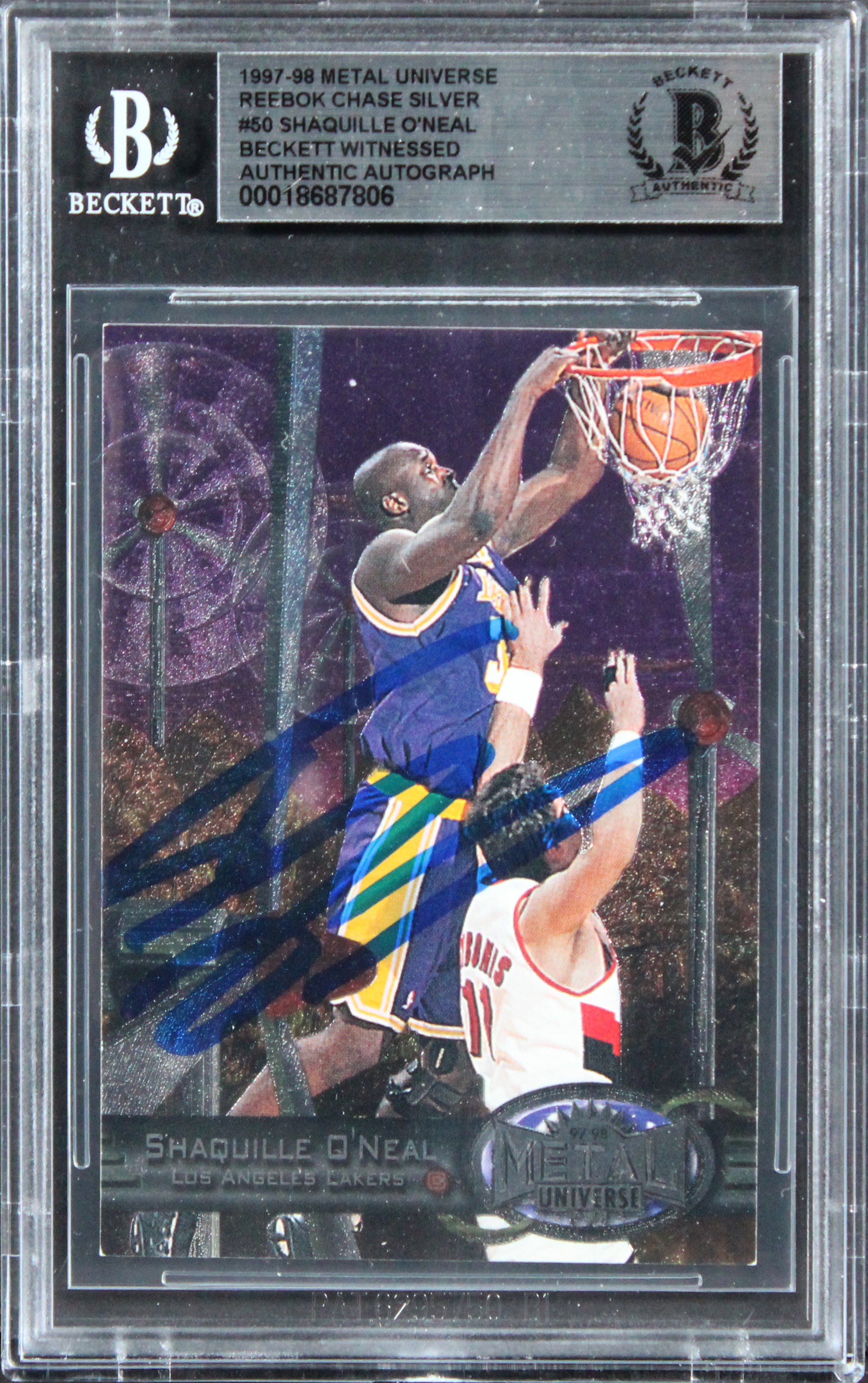 Shaquille O'Neal Signed 1997 Metal Universe Reebok Silver #50 Card BAS Slabbed