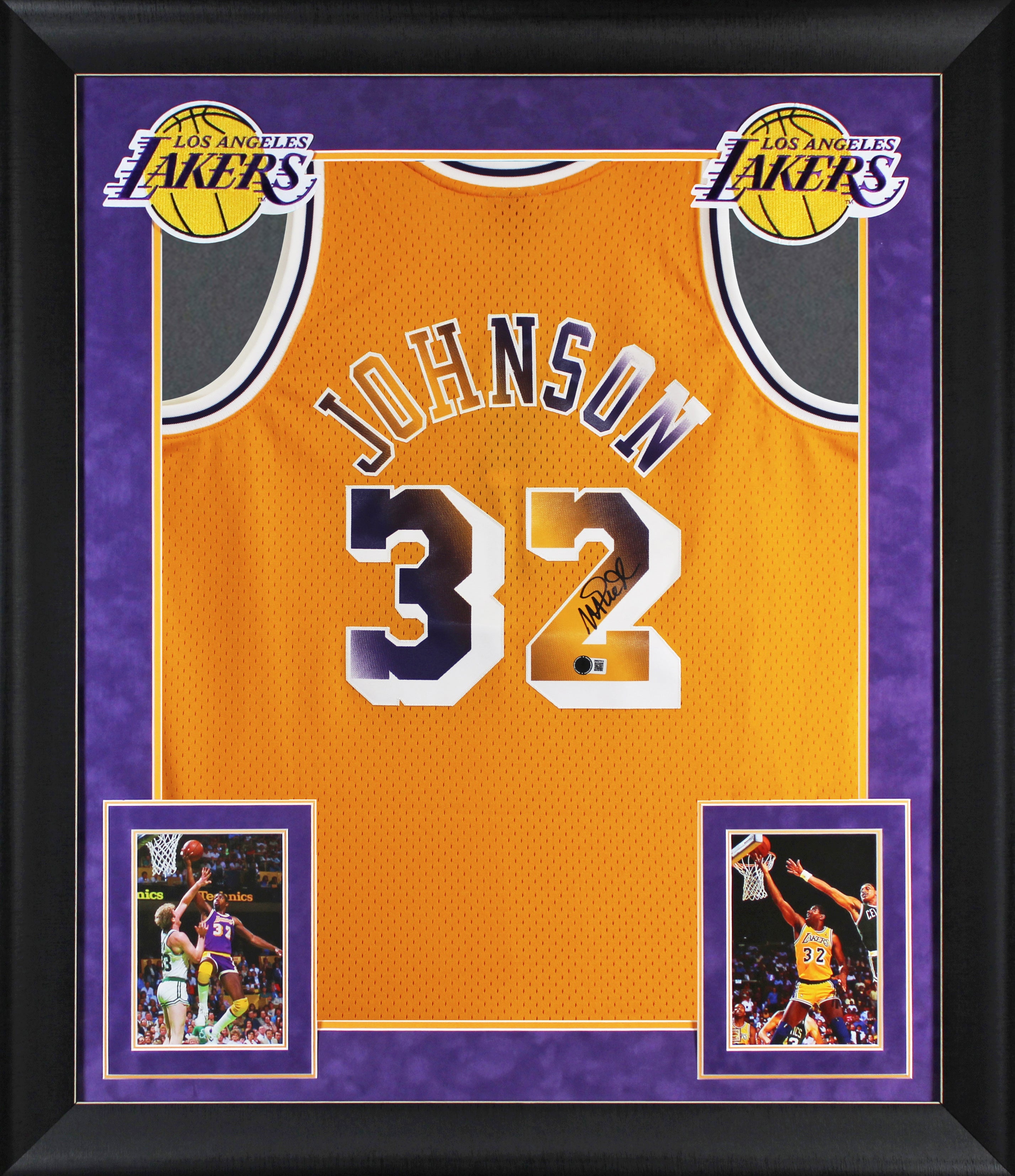 Lakers Magic Johnson Signed Yellow M&N Swingman w/ Two-Tone #s Framed Jersey BAS
