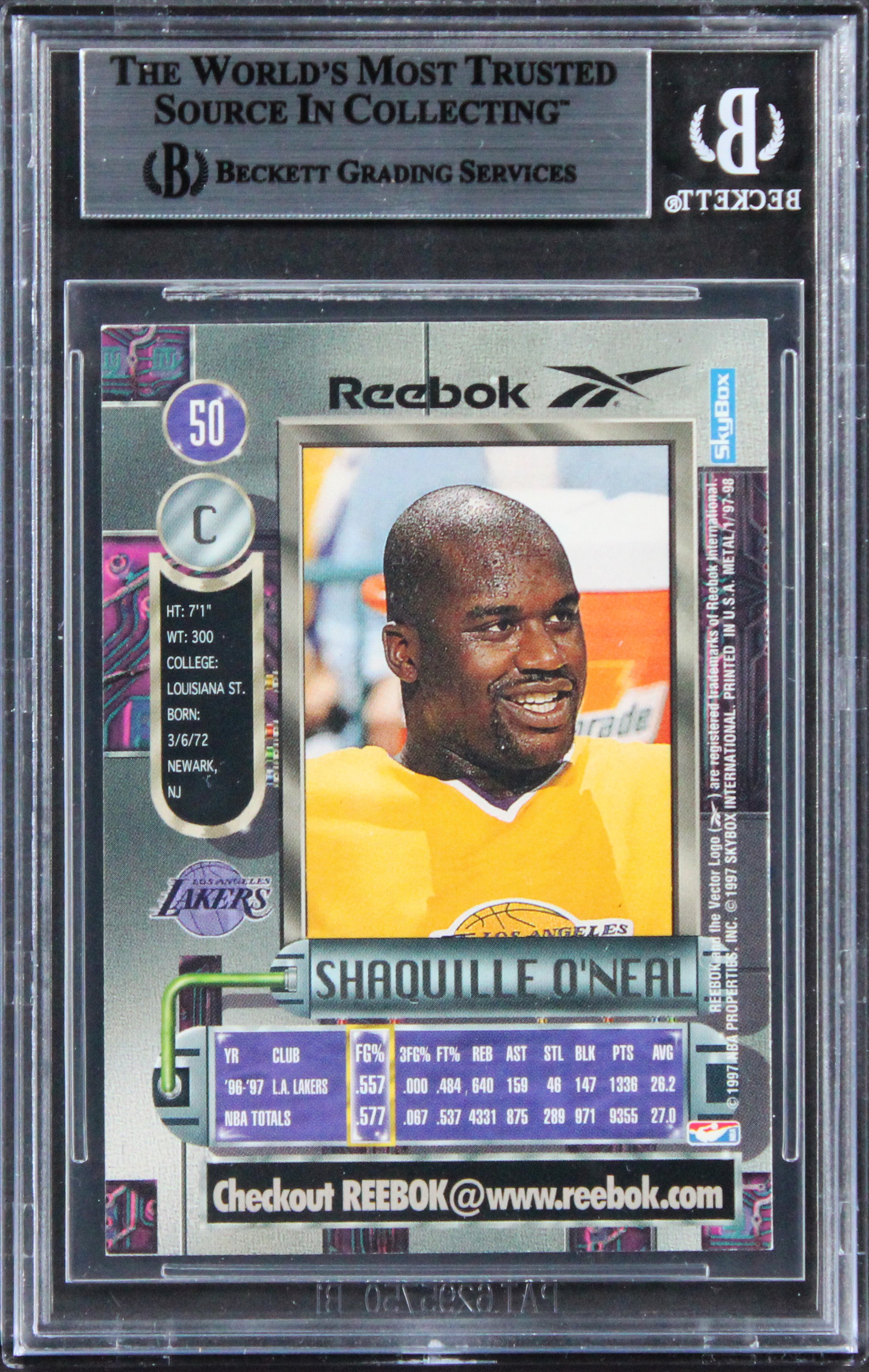 Shaquille O'Neal Signed 1997 Metal Universe Reebok Silver #50 Card BAS Slabbed