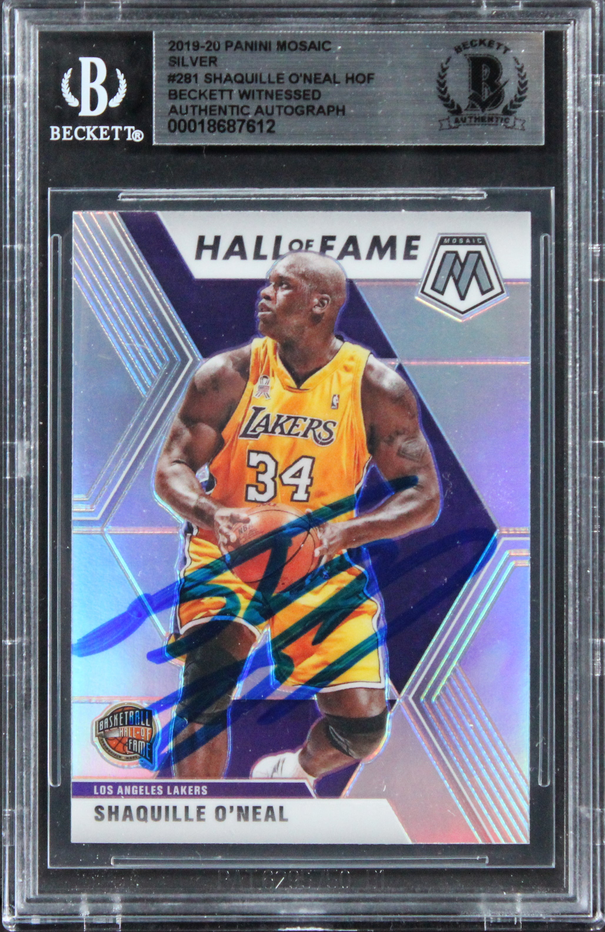 Lakers Shaquille O'Neal Signed 2019 Panini Mosaic Silver #281 Card BAS Slabbed