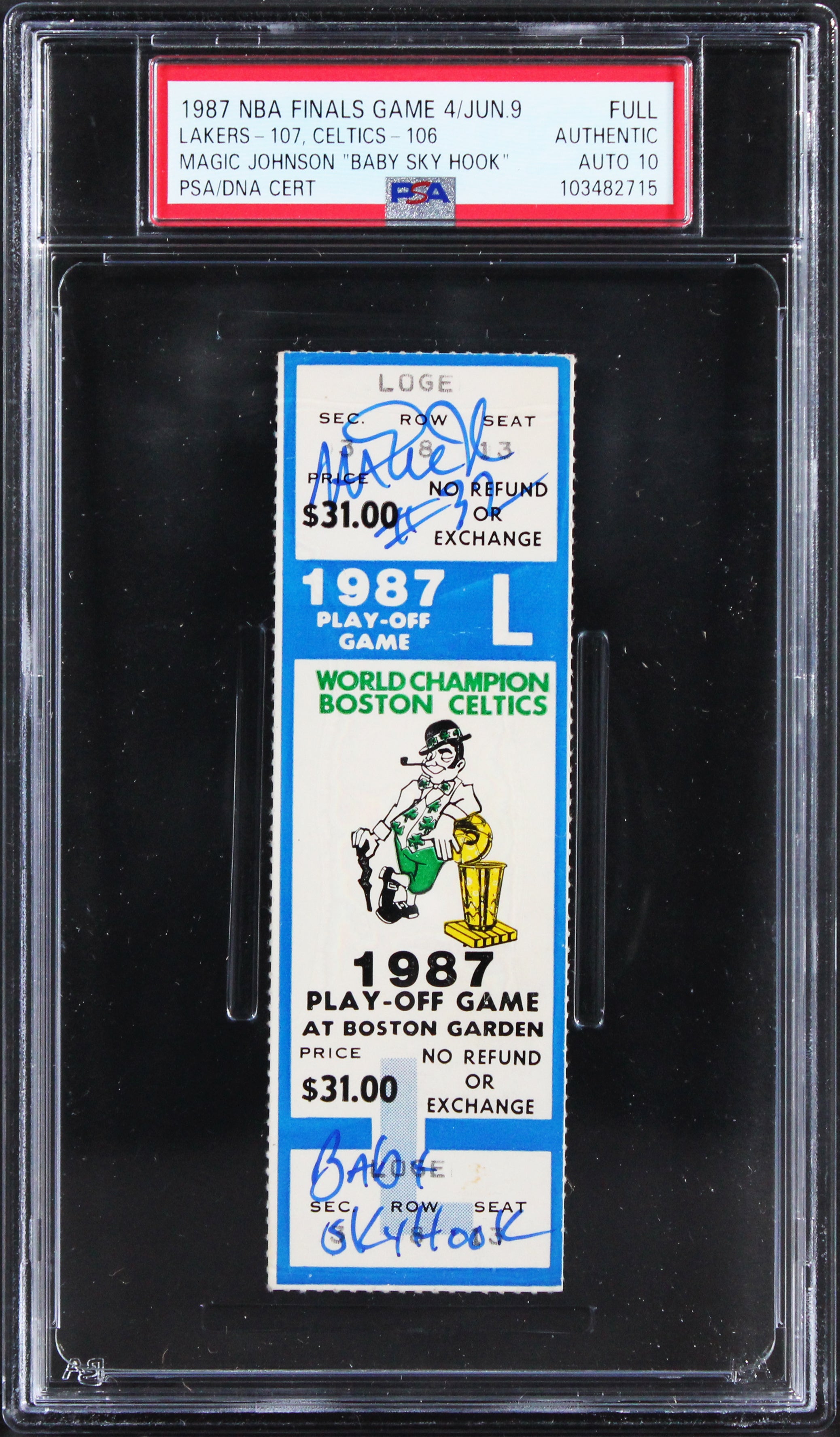 Magic Johnson Signed 1987 NBA Finals Gm 4 Full Ticket Stub Auto 10! PSA/DNA Slab