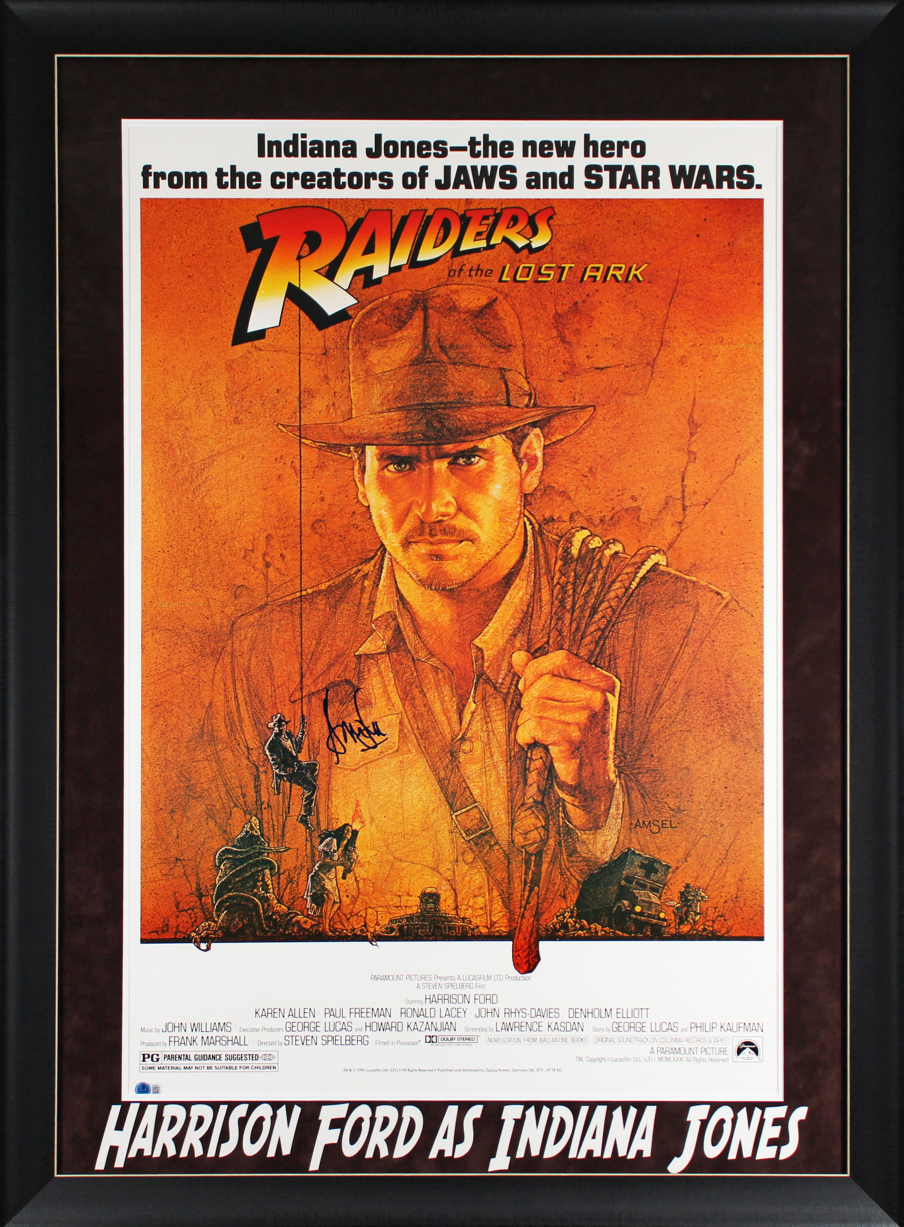 Harrison Ford Raiders of the Lost Ark Signed & Framed 27x40 Poster Auto 10! BAS