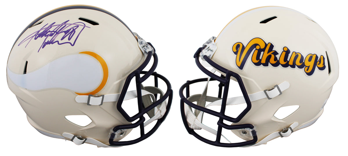 Vikings Adrian Peterson Signed Retro Full Size Speed Rep Helmet BAS Witnessed