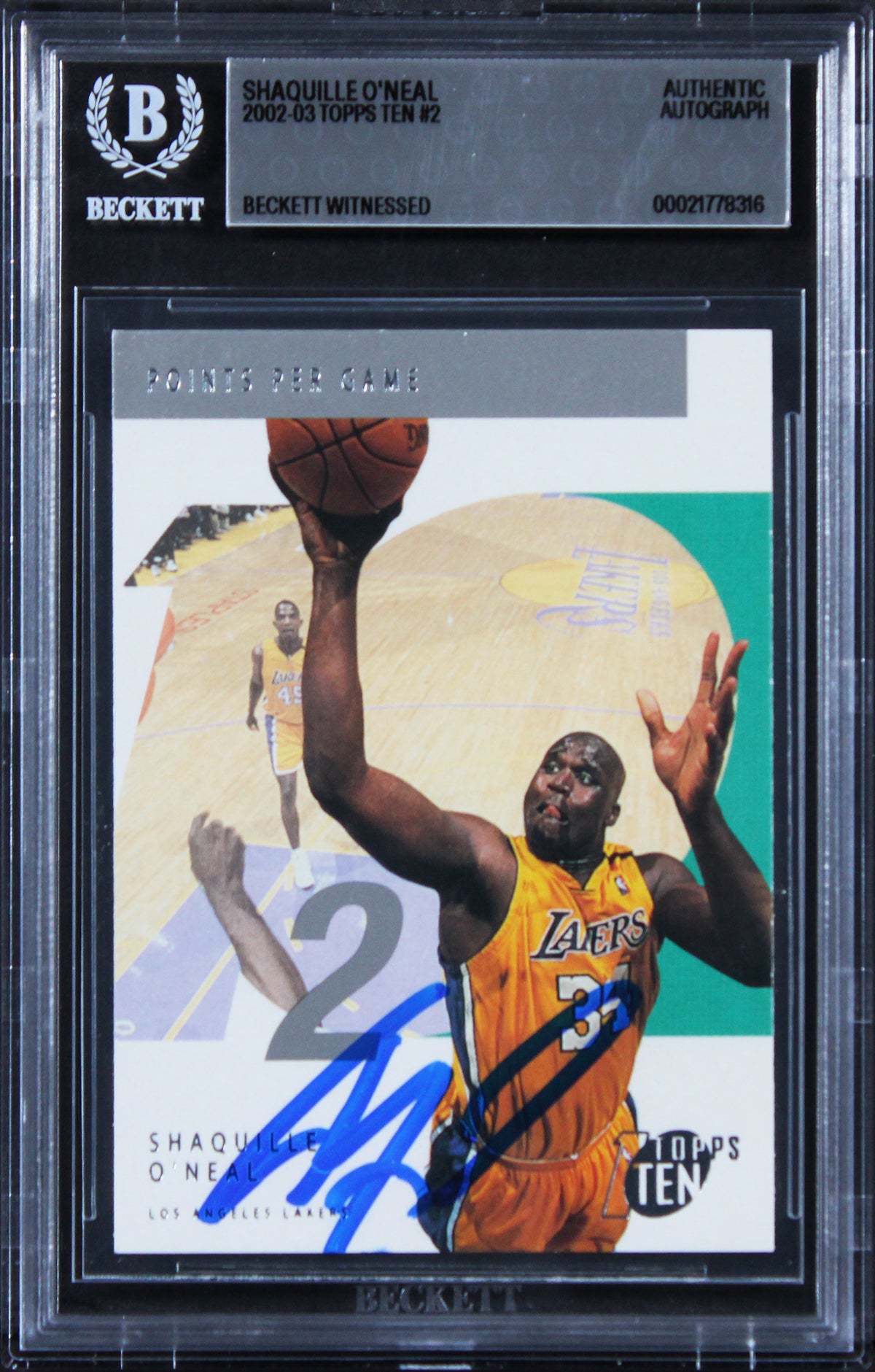 Lakers Shaquille O'Neal Authentic Signed 2002 Topps Ten #2 Card BAS Slabbed