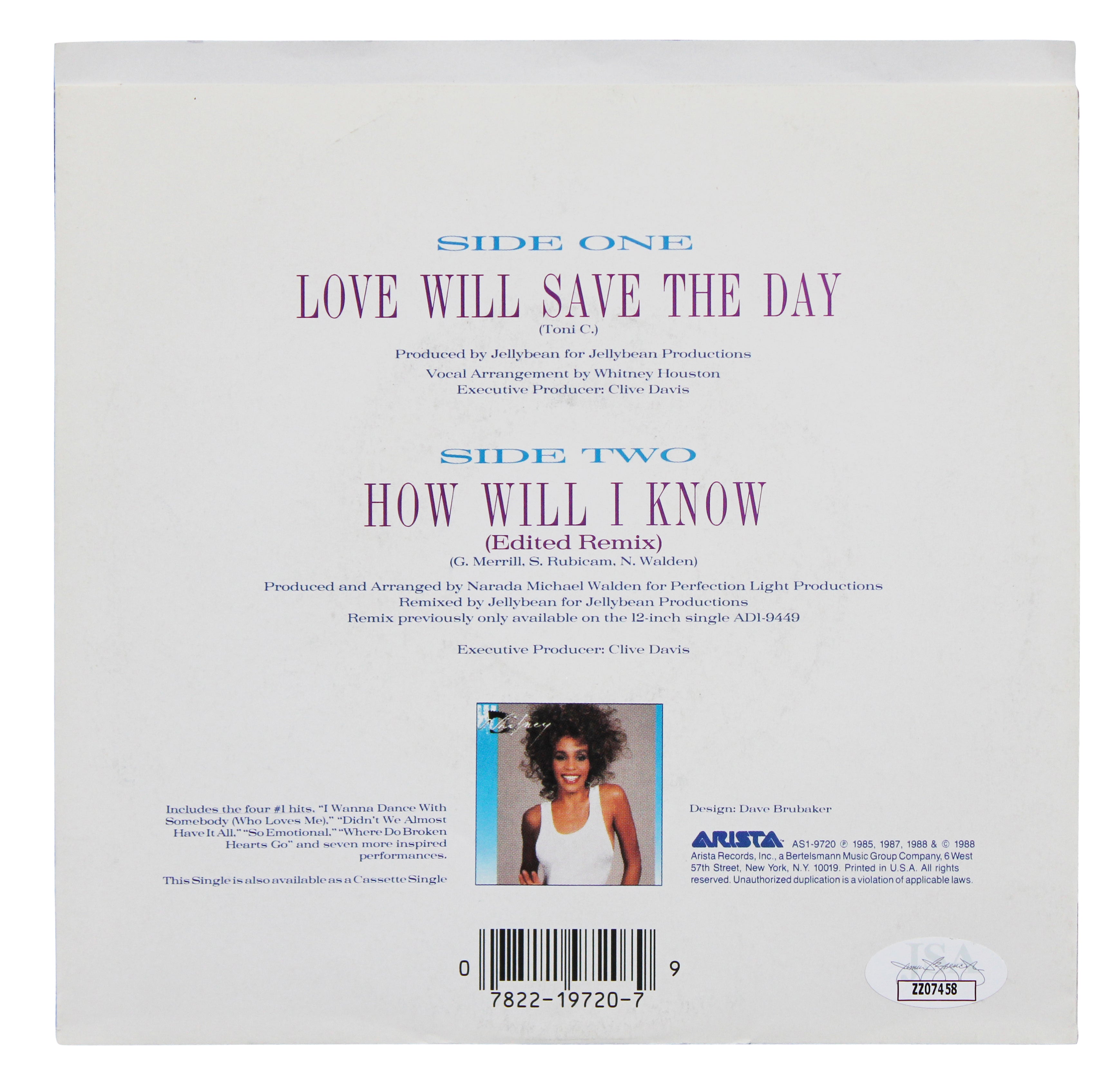 Whitney Houston Signed Love Will Save the Day 45 RPM Album Cover JSA #ZZ07458