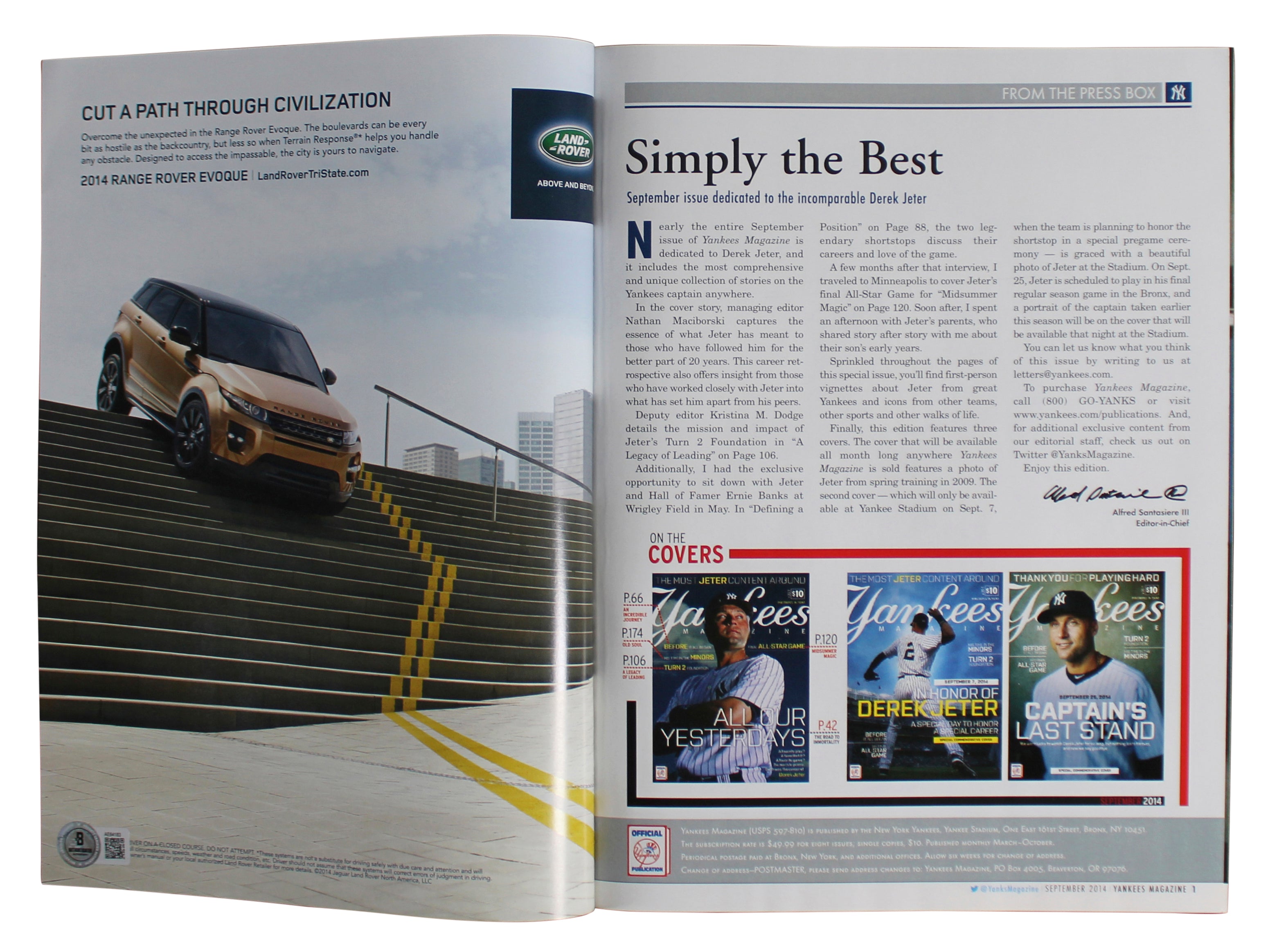 Yankees Derek Jeter Signed September 2014 Yankees Magazine MLB & BAS #AE64183