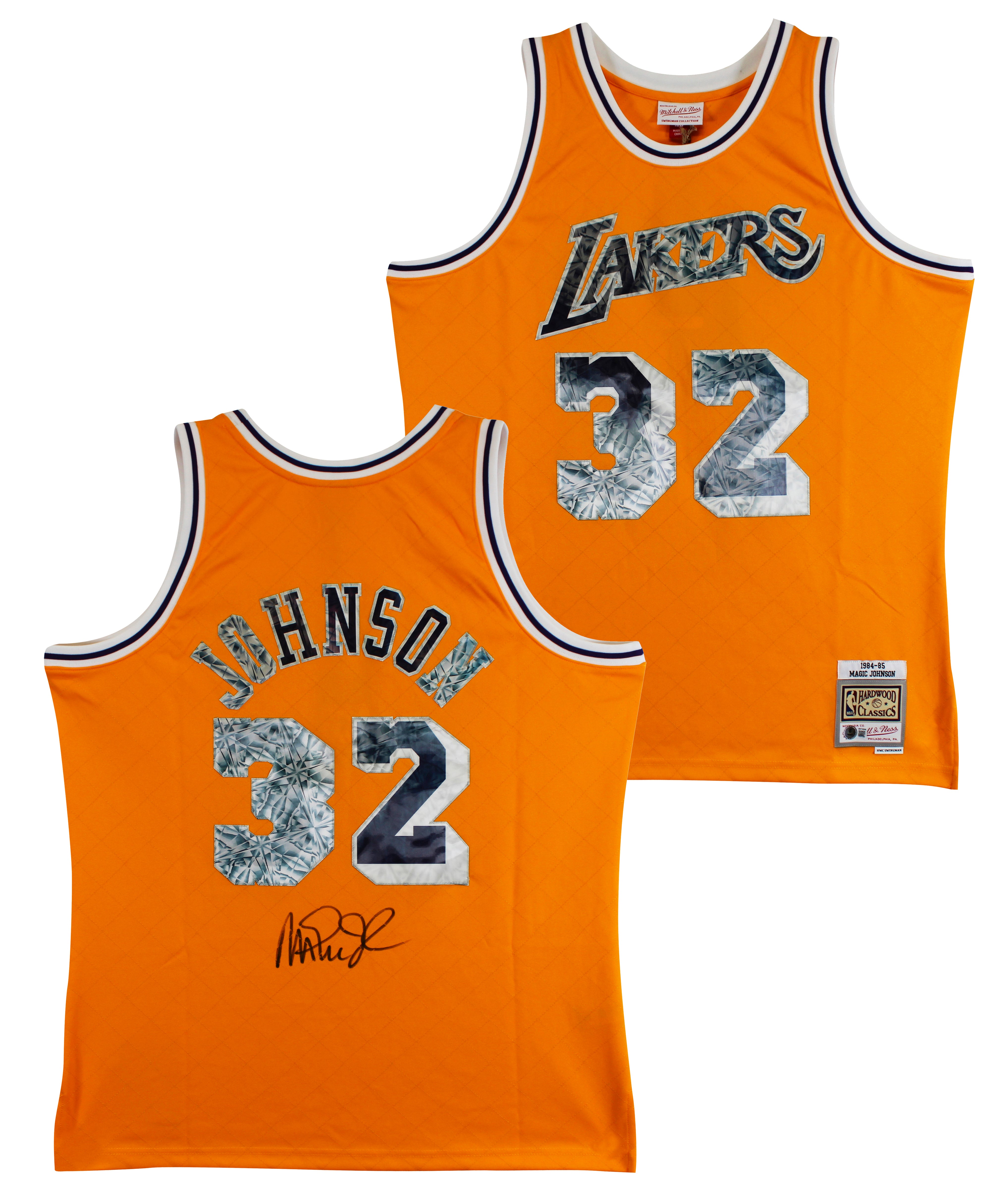 Lakers Magic Johnson Signed Yellow Diamond M&N 84-85 HWC Swingman Jersey BAS Wit