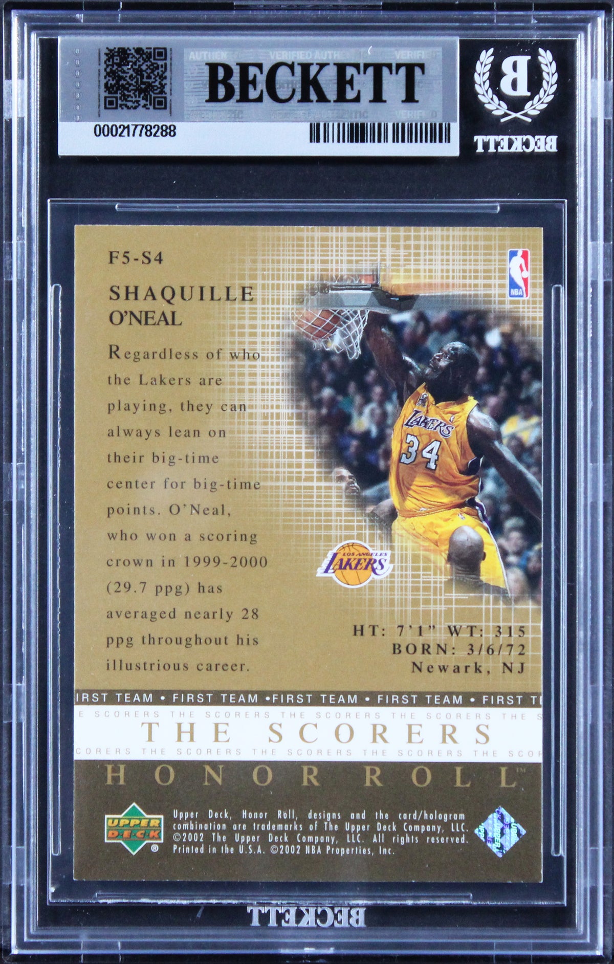 Lakers Shaquille O'Neal Signed 2001 Upper Deck Honor Roll #F5S4 Card BAS Slabbed