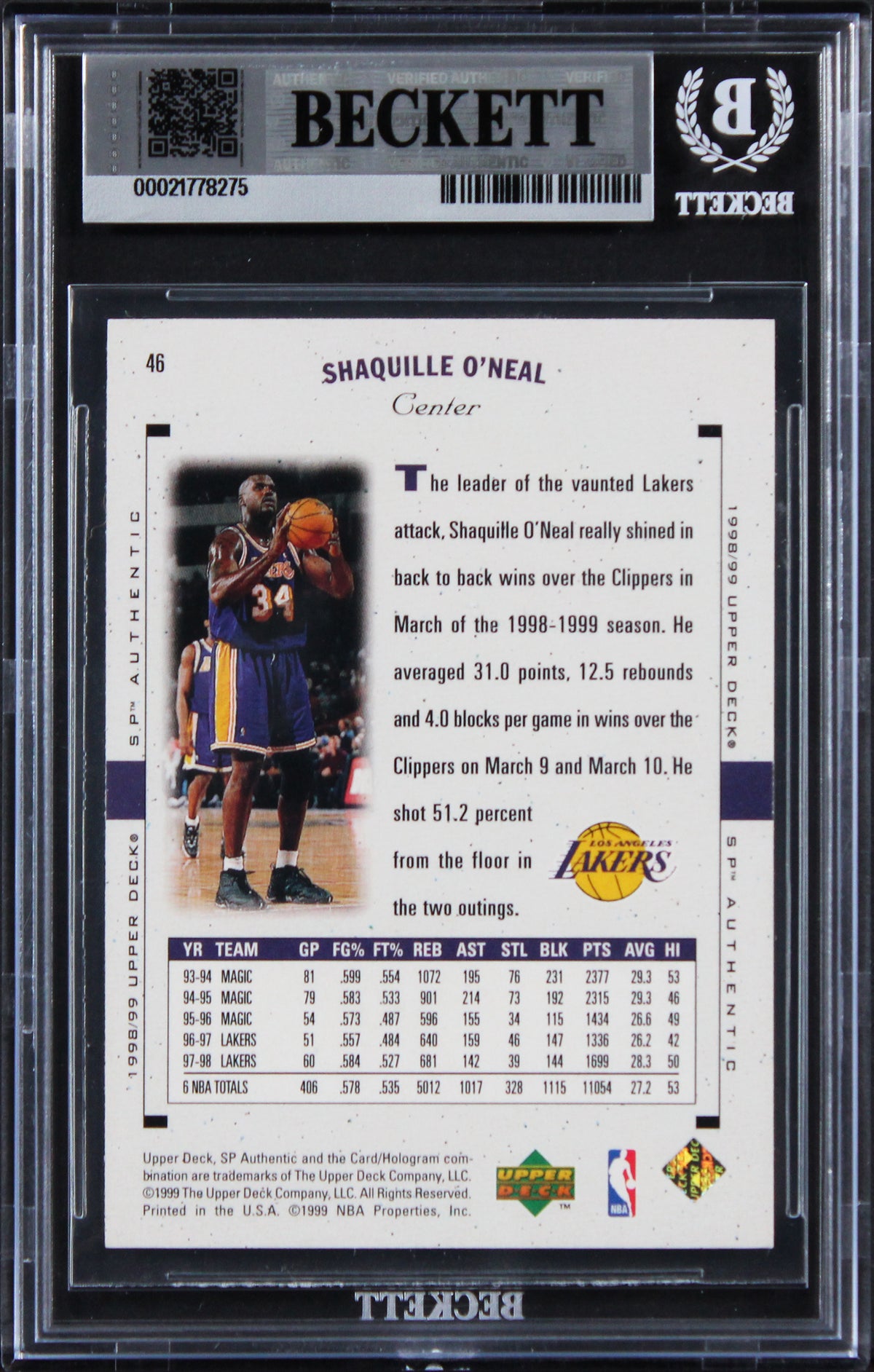 Lakers Shaquille O'Neal Authentic Signed 1998 SP Authentic #46 Card BAS Slabbed