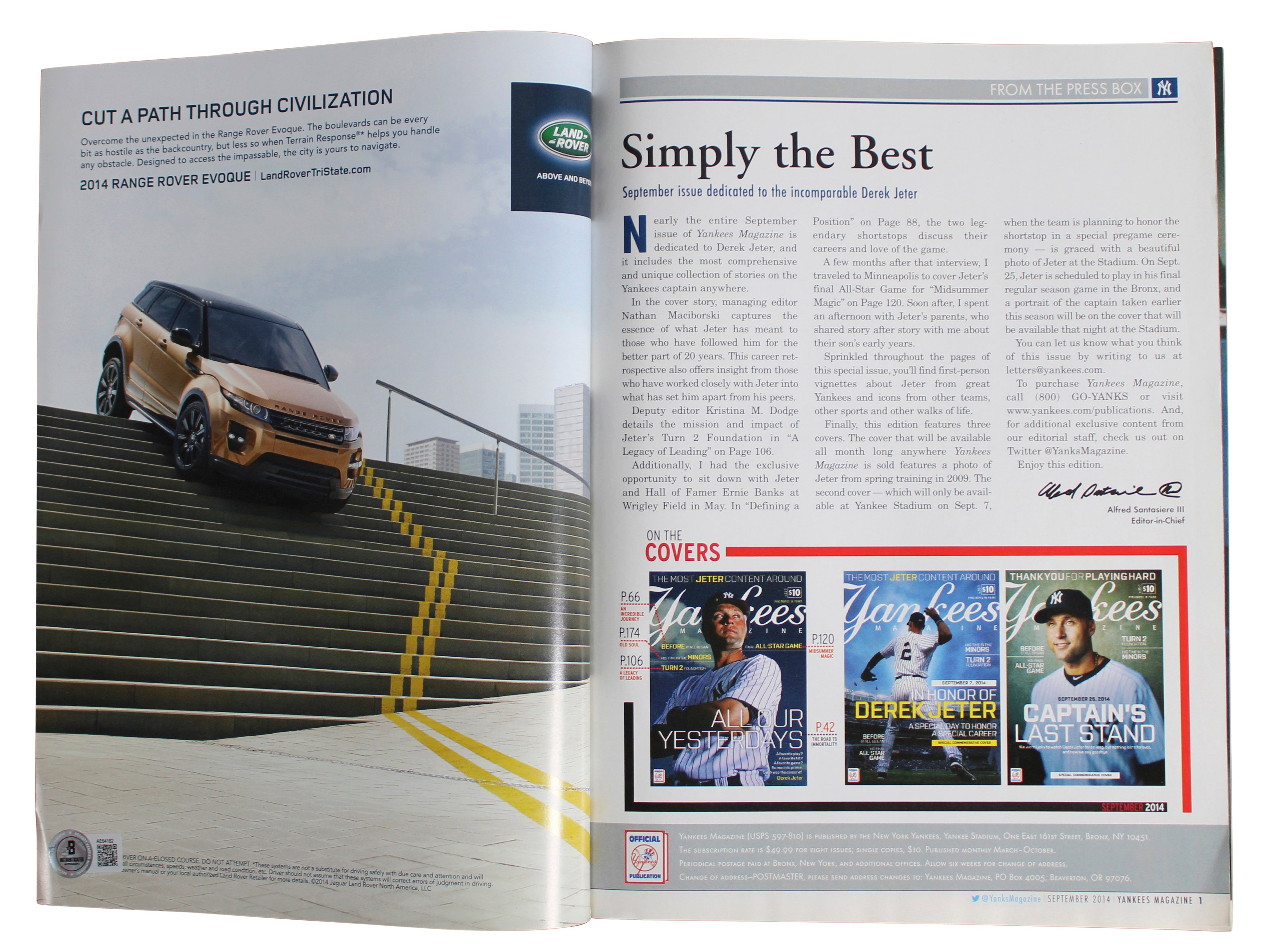 Yankees Derek Jeter Signed September 2014 Yankees Magazine MLB & BAS #AE64182