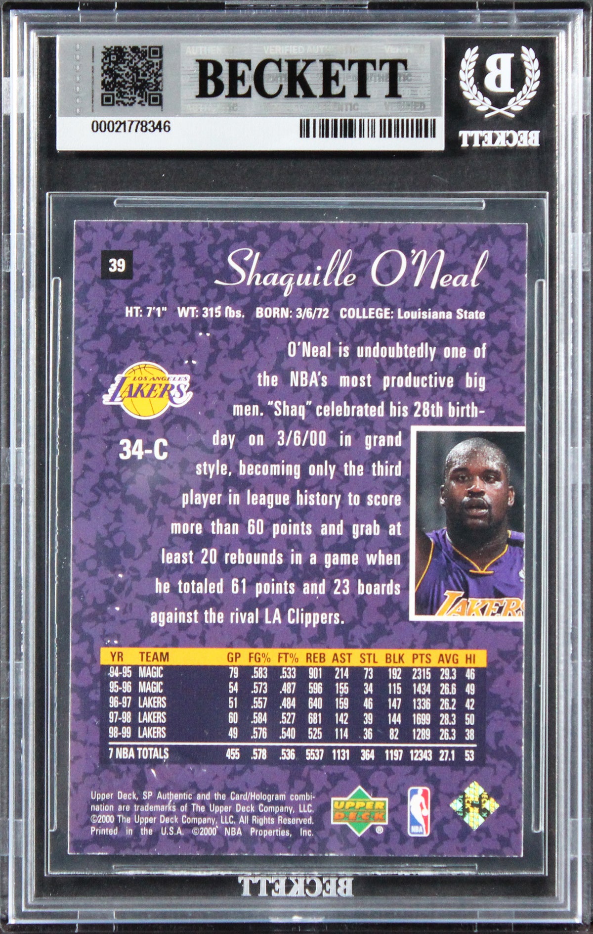 Lakers Shaquille O'Neal Authentic Signed 1999 SP Authentic #39 Card BAS Slab 2