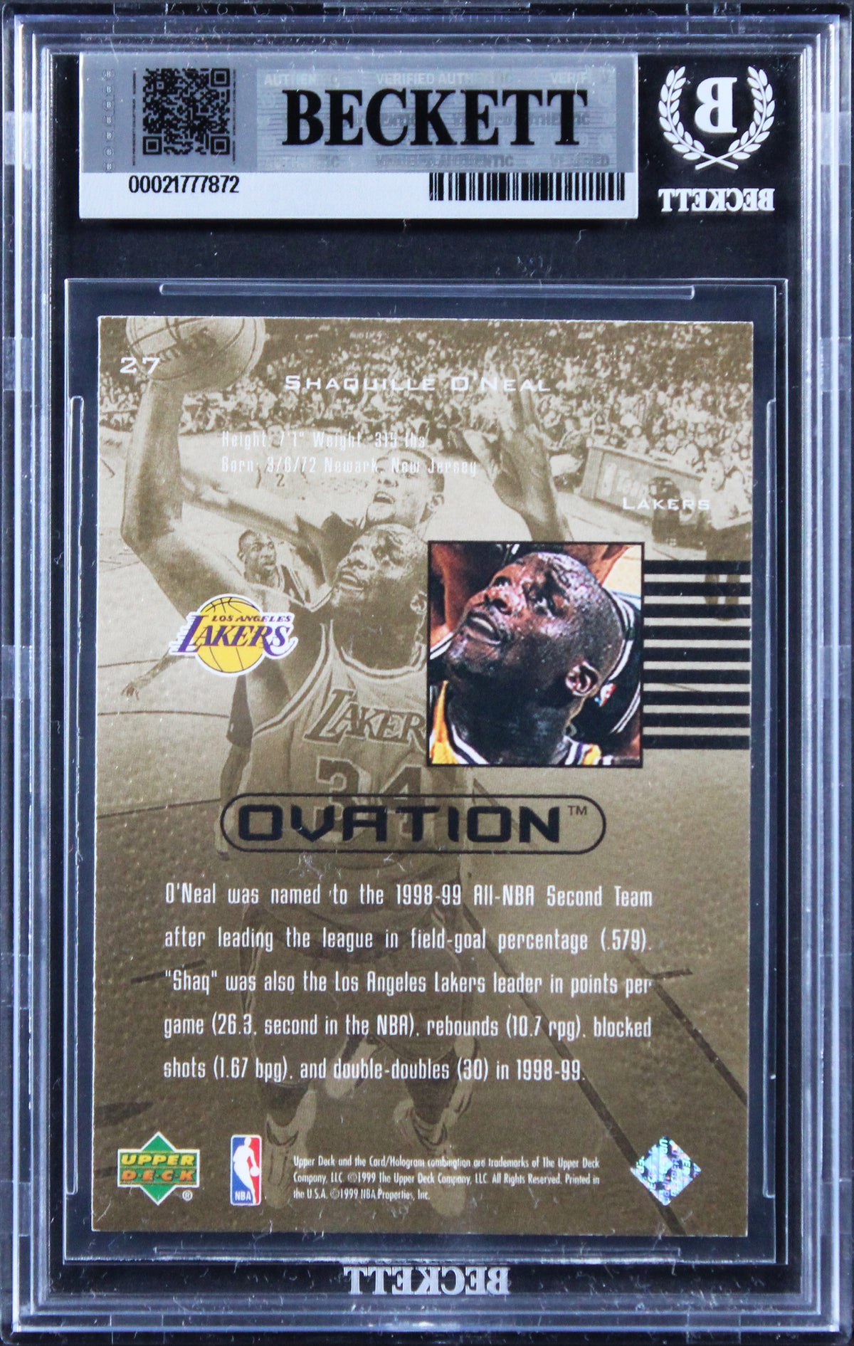 Lakers Shaquille O'Neal Authentic Signed 1999 UD Ovation #27 Card BAS Slabbed