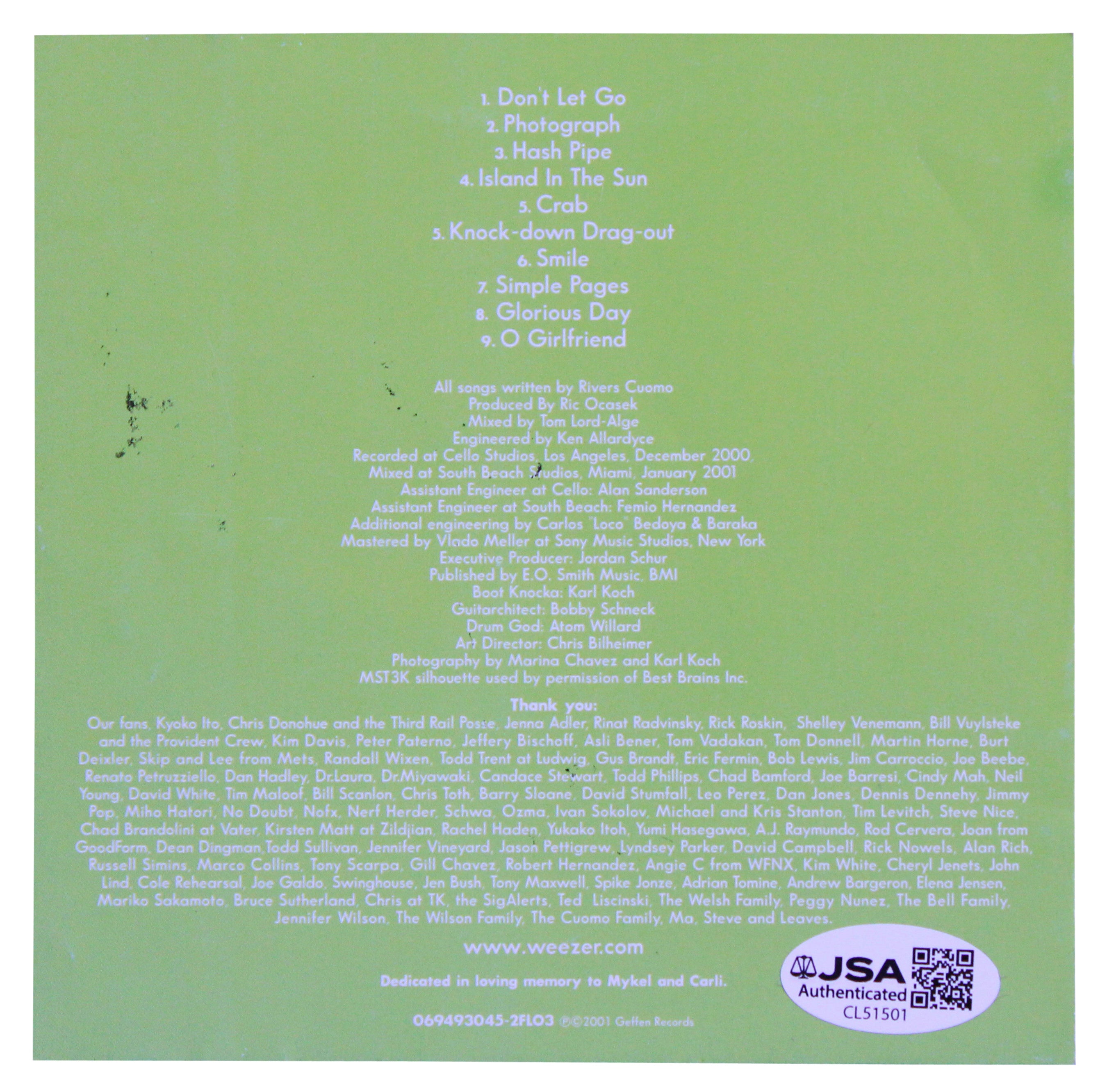 Weezer (4) Cuomo, Shriner, Bell & Wilson Signed Green Album Cd Insert JSA