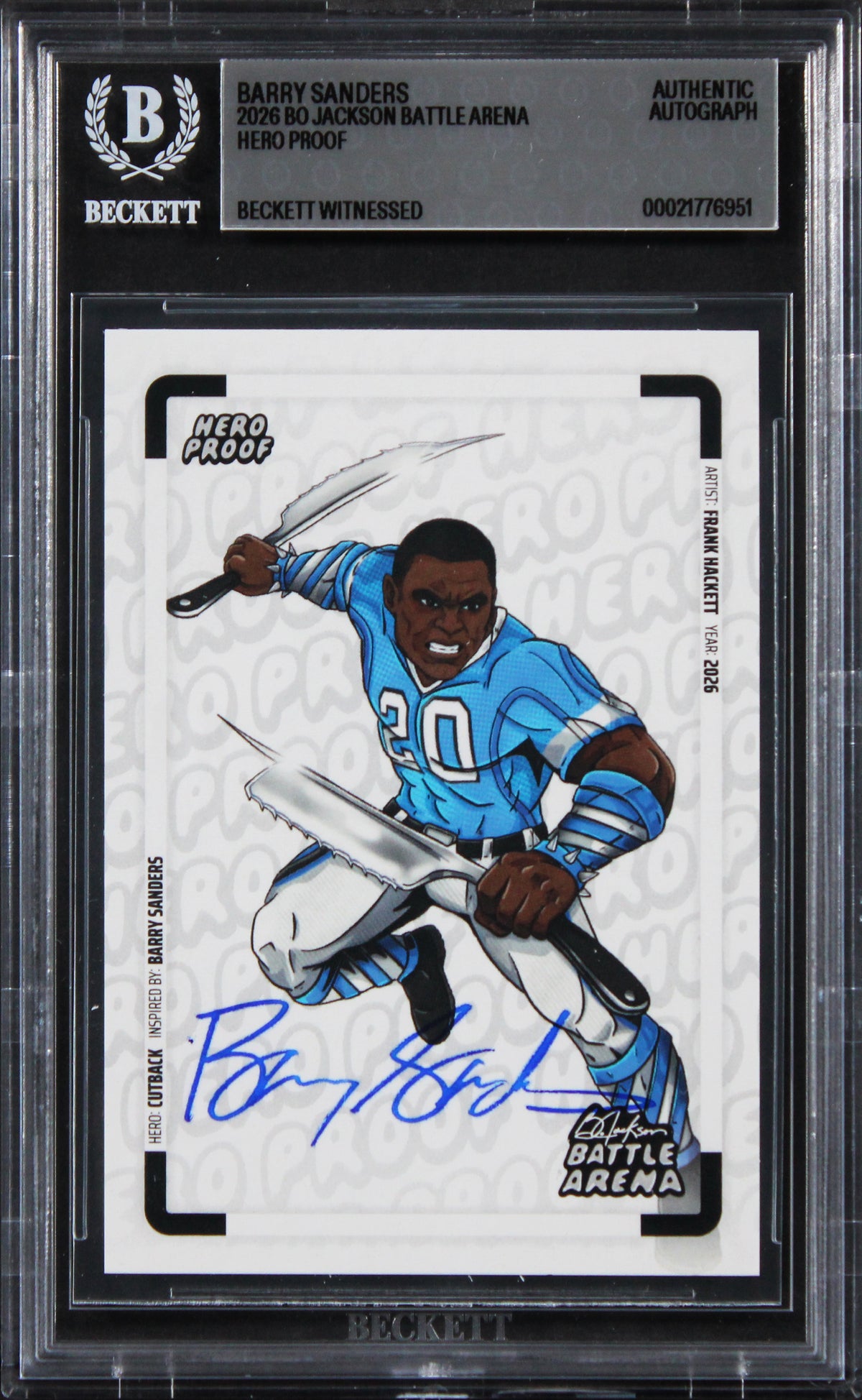 Barry Sanders Signed 2026 Bo Jackson Battle Arena Hero Proof Card BAS Slabbed