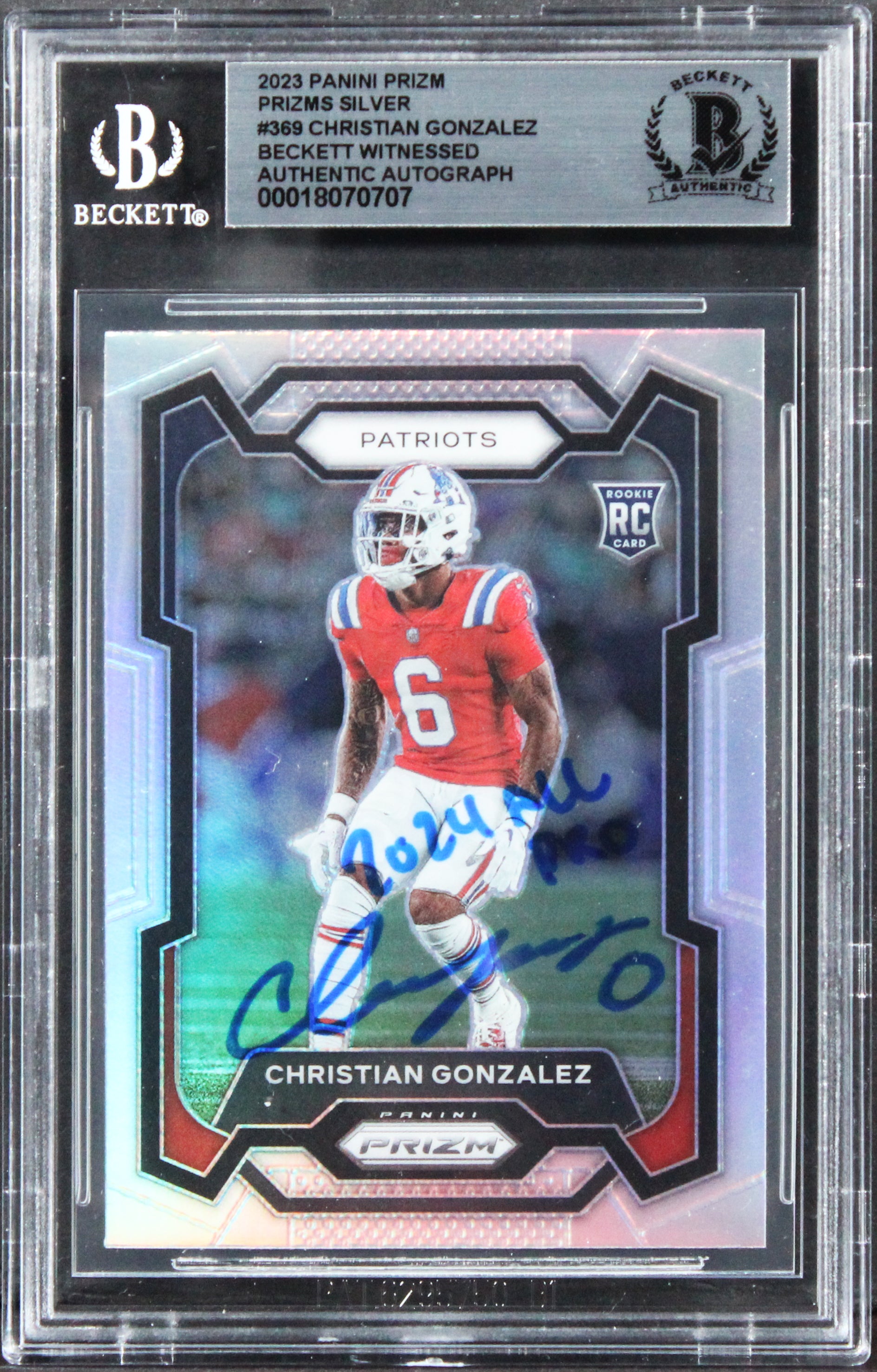 Patriots Christian Gonzalez 2024 Signed 2023 Panini Prizm Slv #369 RC BAS Slab