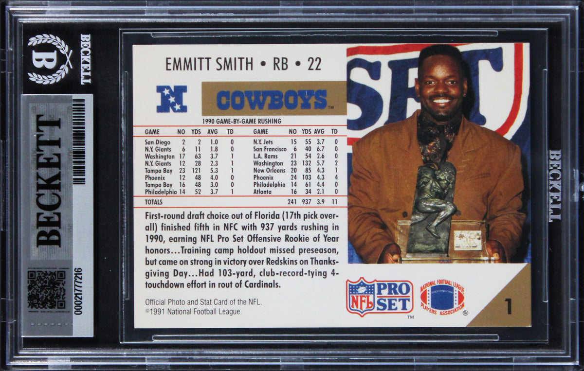 Cowboys Emmitt Smith Authentic 1991 Pro Set #10 Card Autographed BAS Slabbed