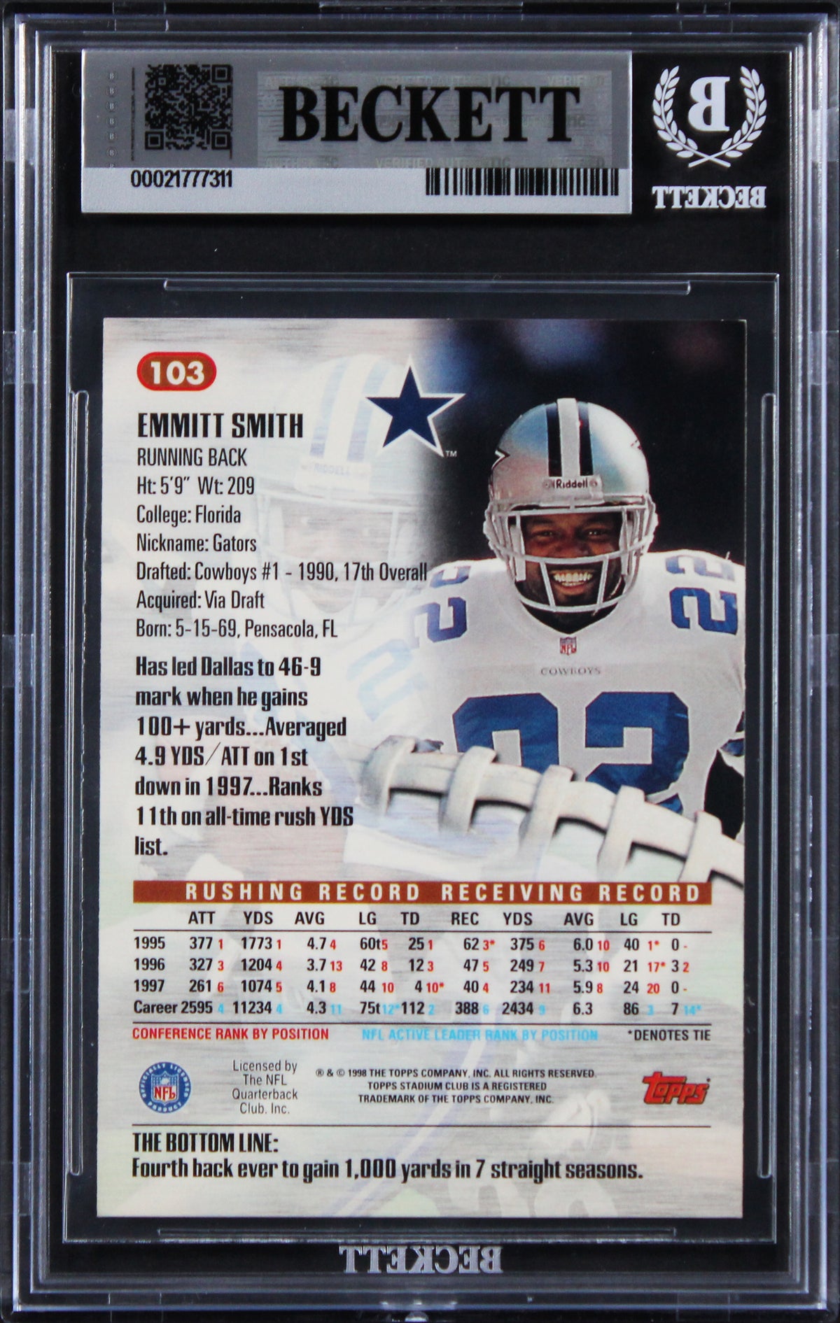Cowboys Emmitt Smith Authentic Signed 1998 Stadium Club #103 Card BAS Slabbed
