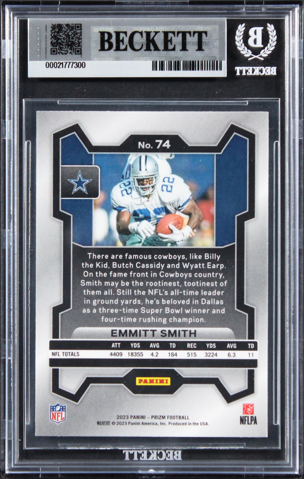Cowboys Emmitt Smith Authentic Signed 2023 Panini Prizm #74 Card BAS Slabbed