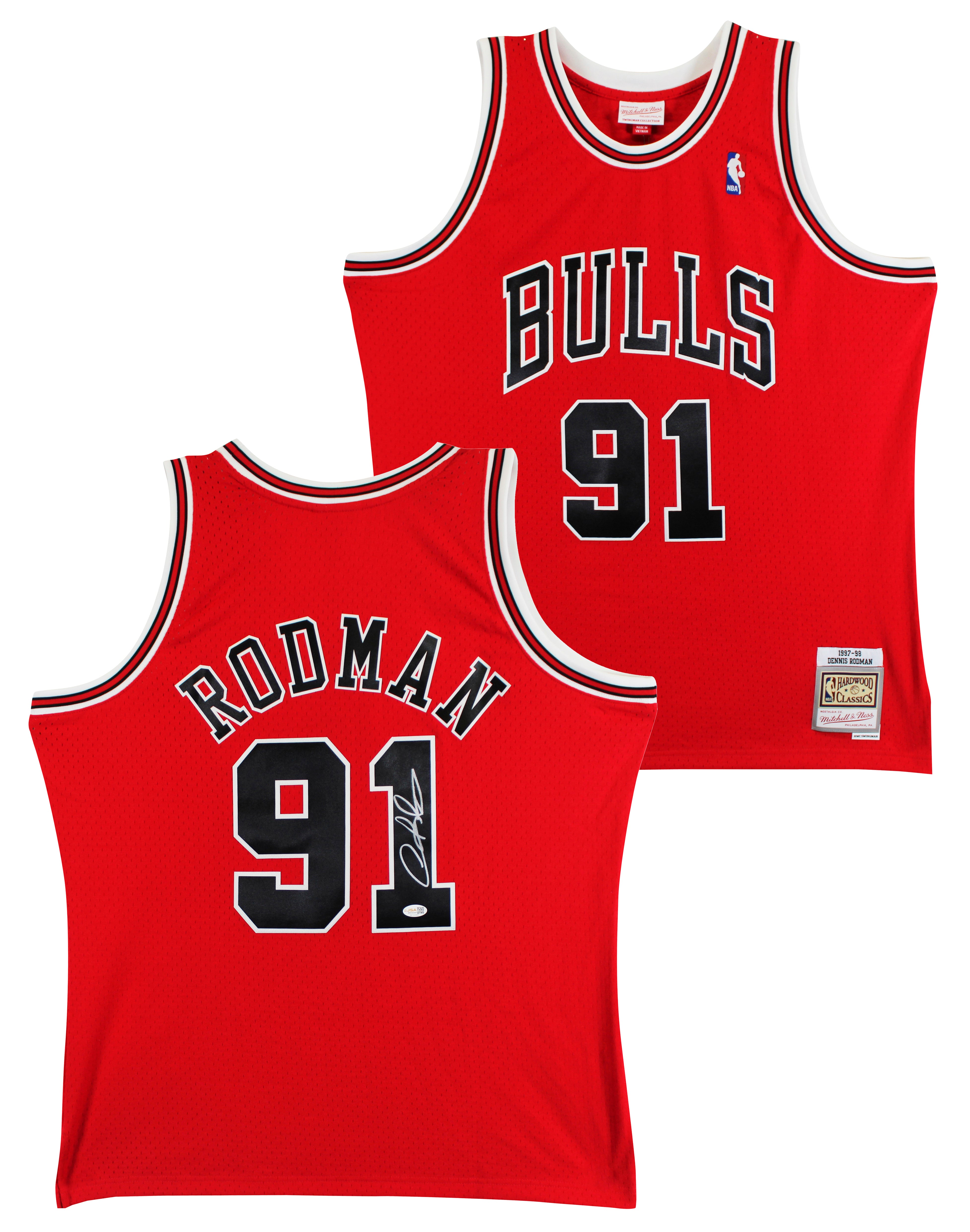 Bulls Dennis Rodman Signed Red Mitchell & Ness HWC Swingman Jersey JSA Witnessed