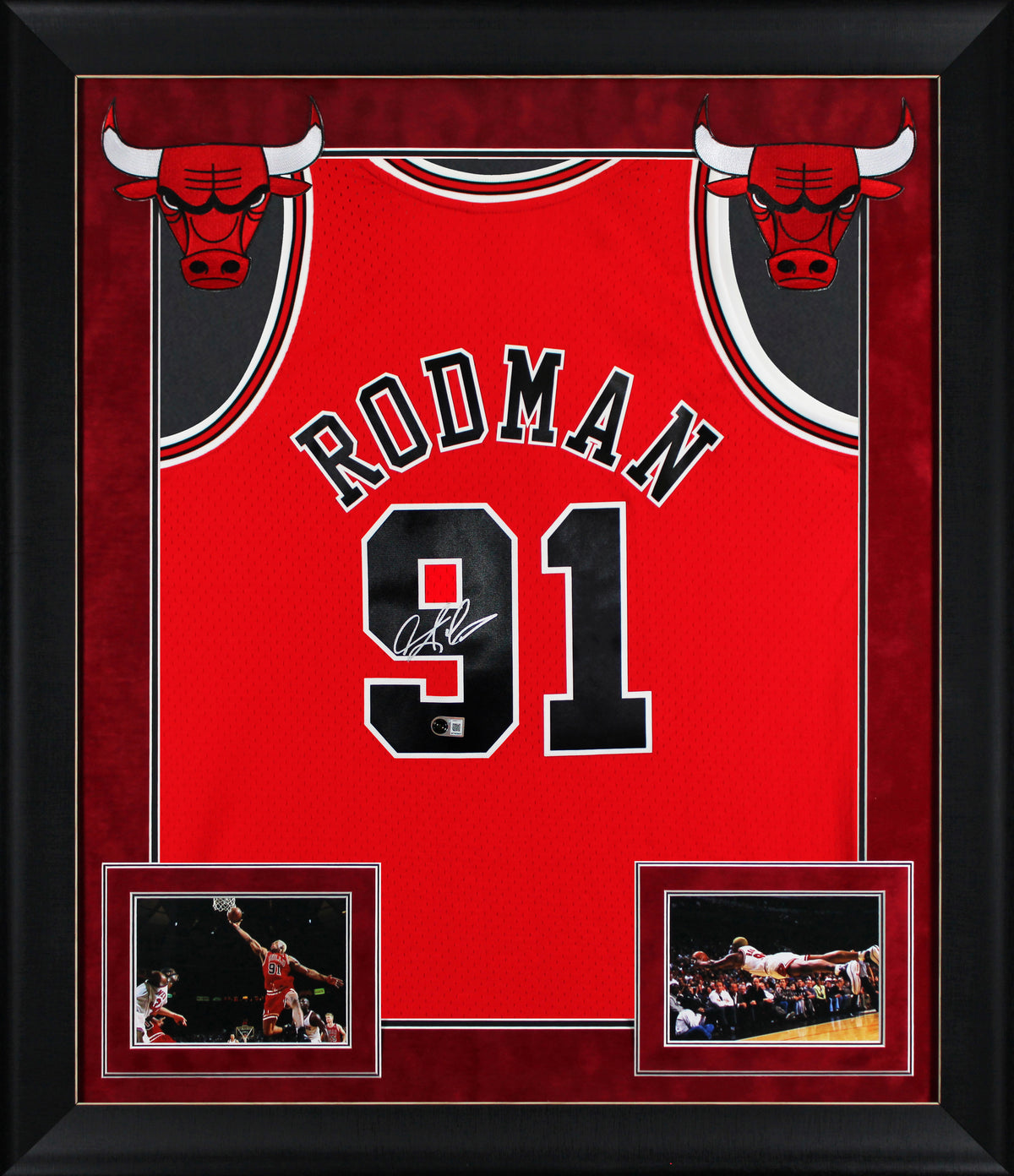 Bulls Dennis Rodman Signed Red M&N HWC Swingman Framed Jersey BAS Witnessed