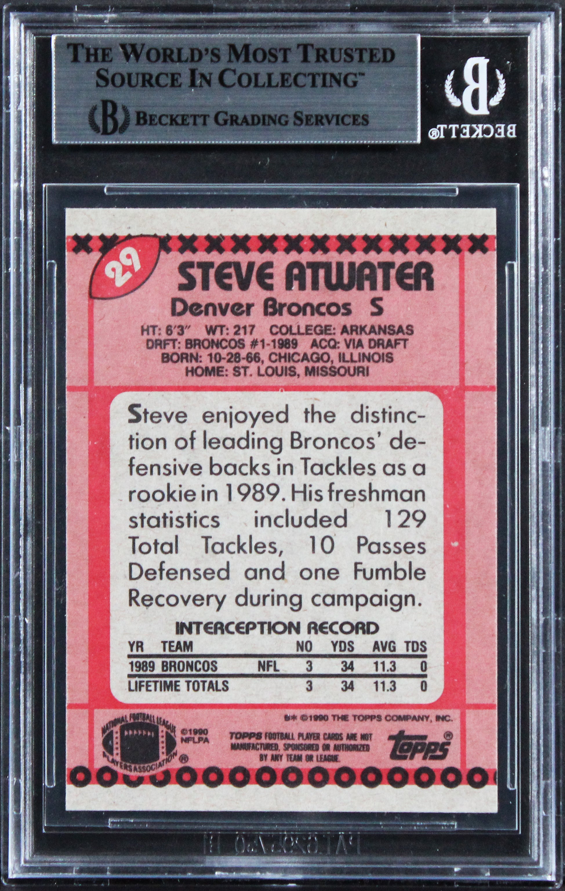 Broncos Steve Atwater "XXXII & XXXIII" Signed 1990 Topps #29 Card BAS Slabbed