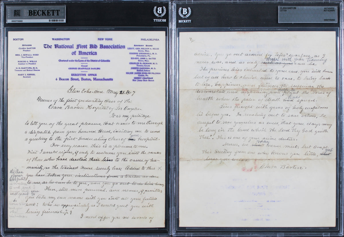 Clara Barton Authentic 2x Signed 8x10 1907 Handwritten Letter BAS Slabbed