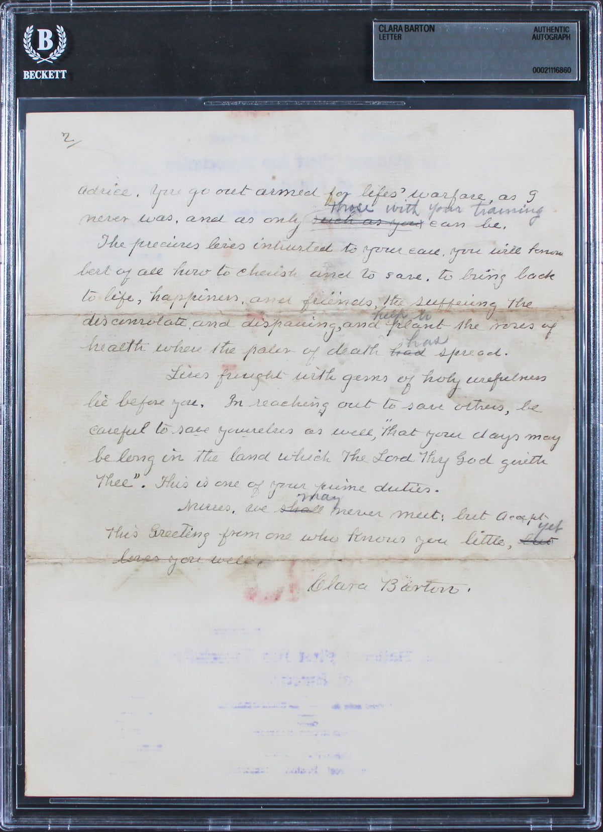 Clara Barton Authentic 2x Signed 8x10 1907 Handwritten Letter BAS Slabbed
