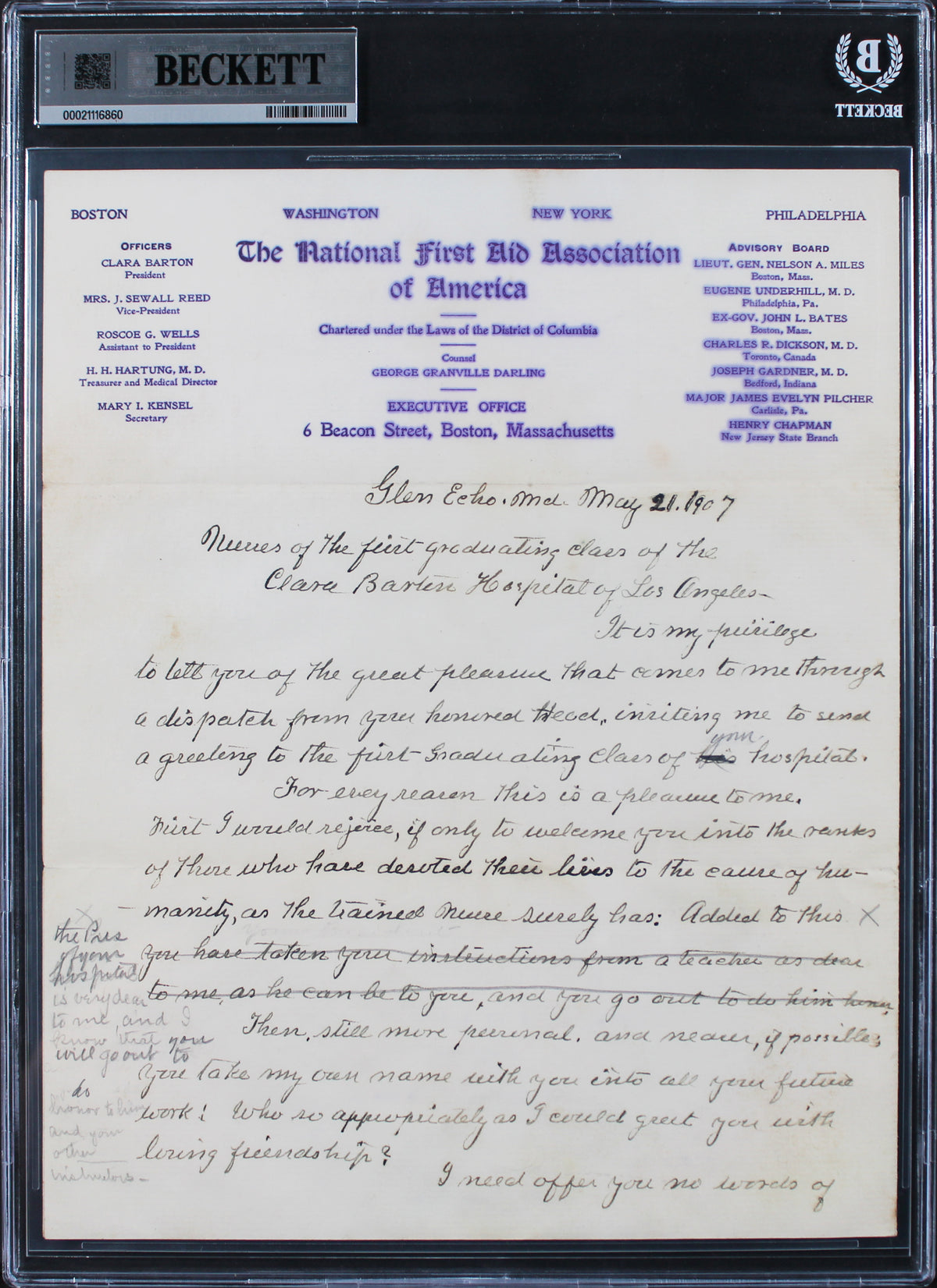Clara Barton Authentic 2x Signed 8x10 1907 Handwritten Letter BAS Slabbed