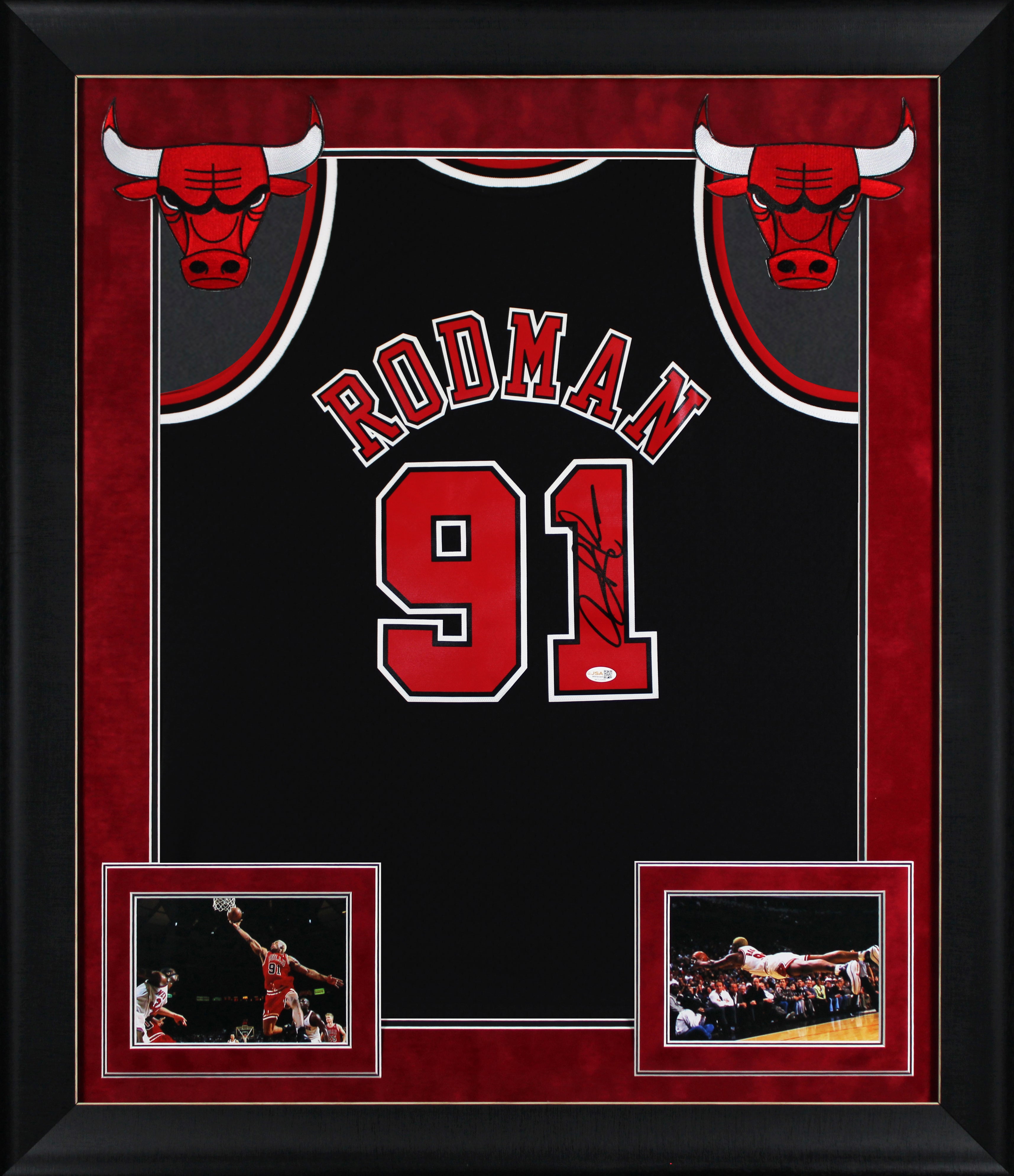 Bulls Dennis Rodman Signed Black M&N HWC Swingman Framed Jersey w/ Black Sig JSA