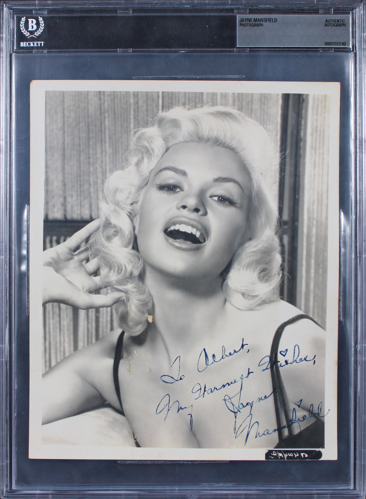 Jayne Mansfield "Warmest Wishes" Authentic Signed 8x10 B&W Photo BAS Slabbed