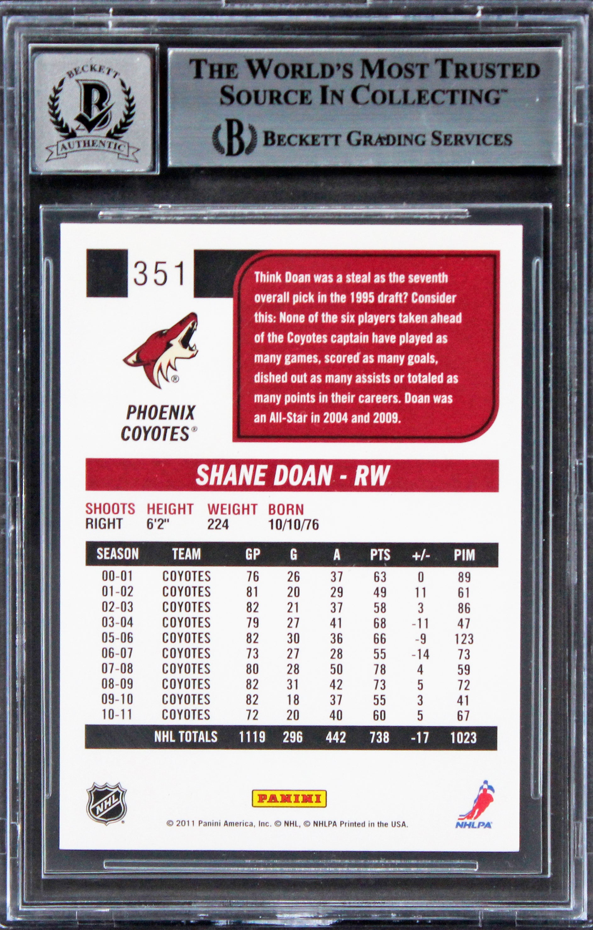 Coyotes Shane Doan Authentic Signed 2011 Score #351 Card Auto 10! BAS Slabbed