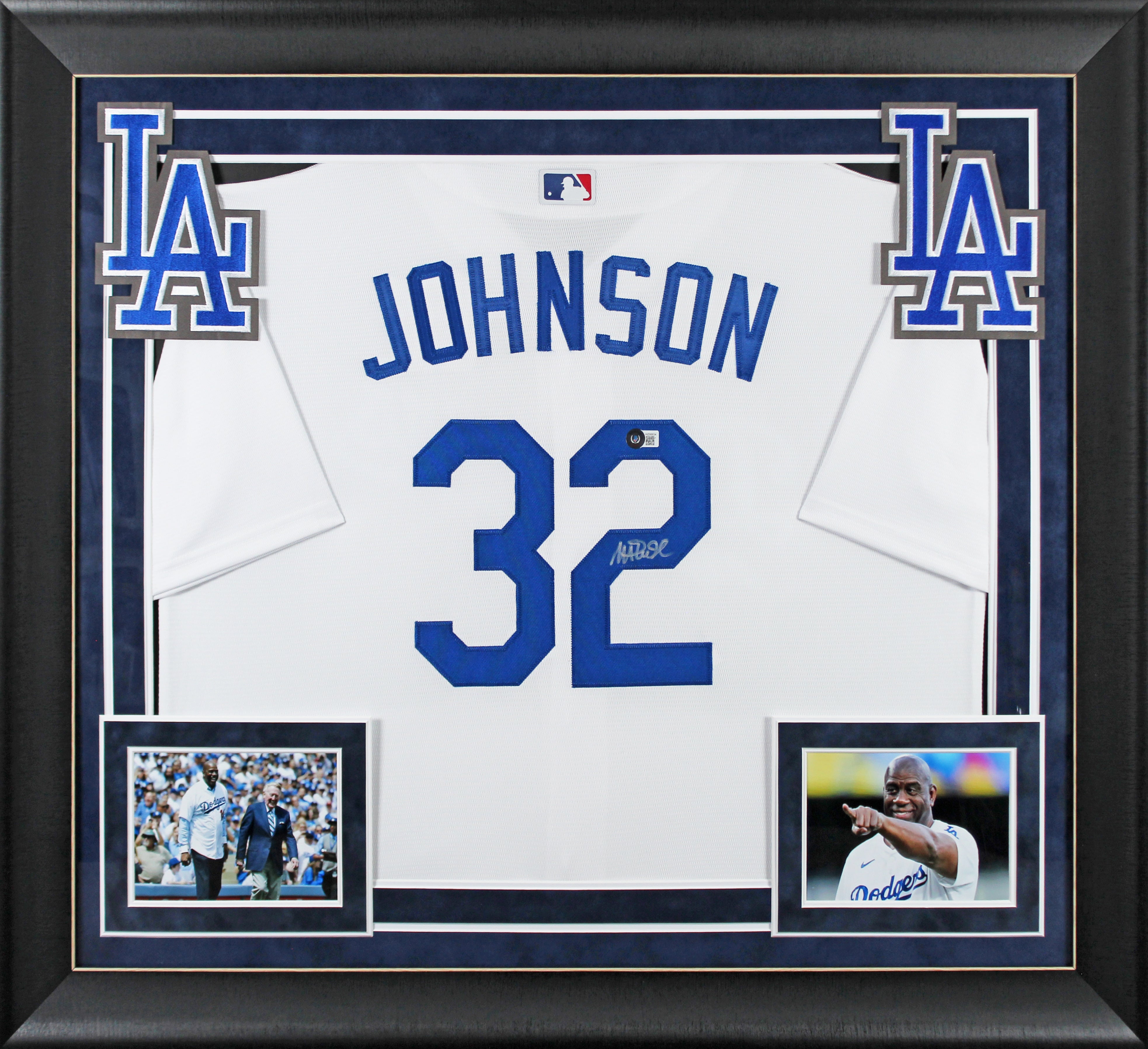 Dodgers Magic Johnson Signed White Majestic Coolbase Framed Jersey BAS Witnessed