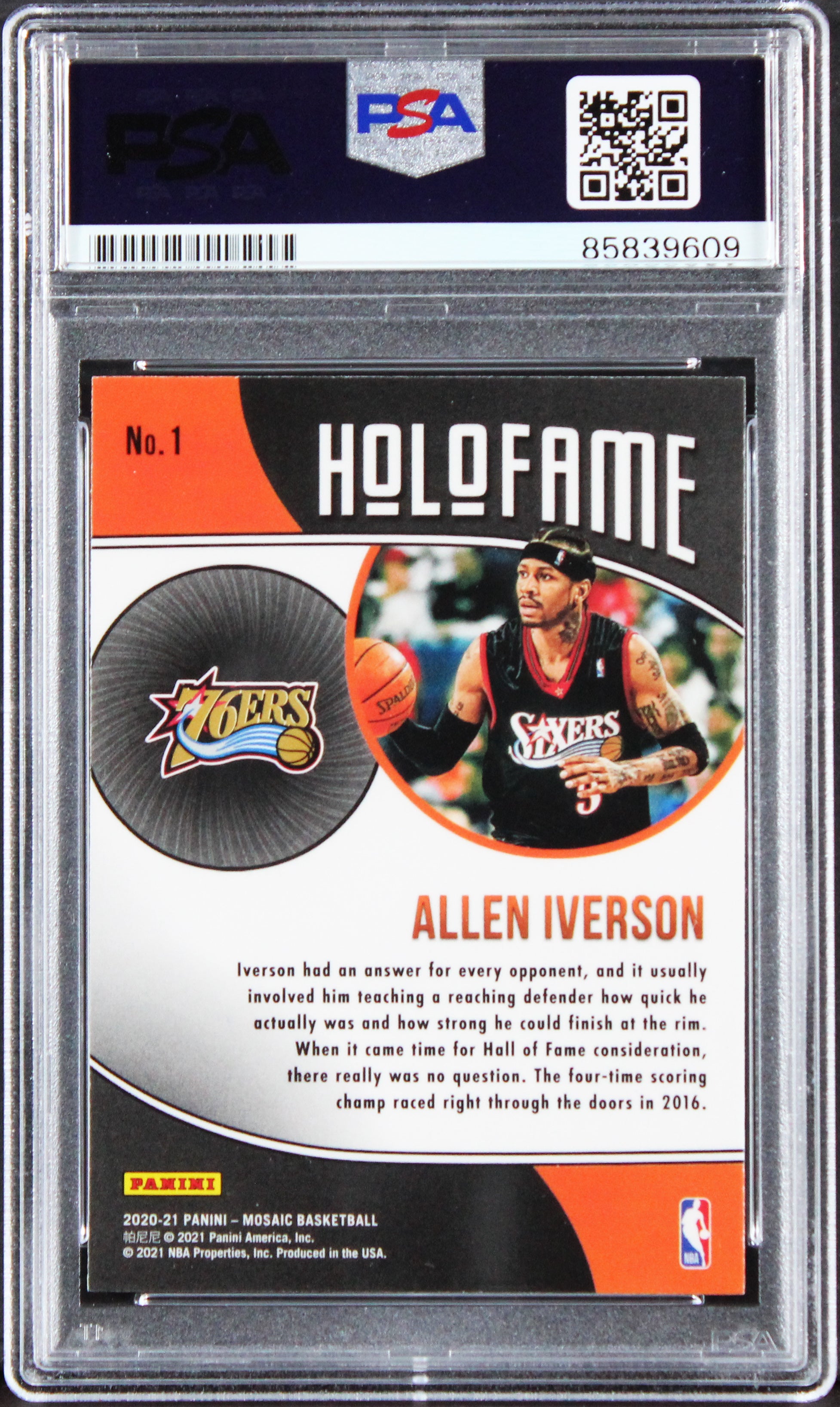 76ers Allen Iverson Signed 2020 Panini Mosaic Holofame #1 Card PSA/DNA Slabbed