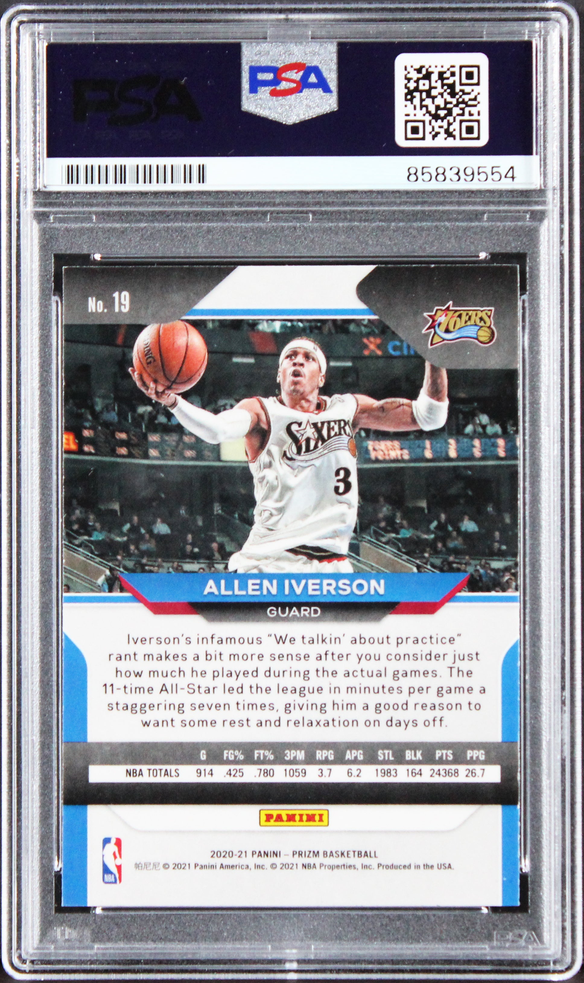76ers Allen Iverson Signed 2020 Panini Prizm Silver #19 Card PSA/DNA Slabbed