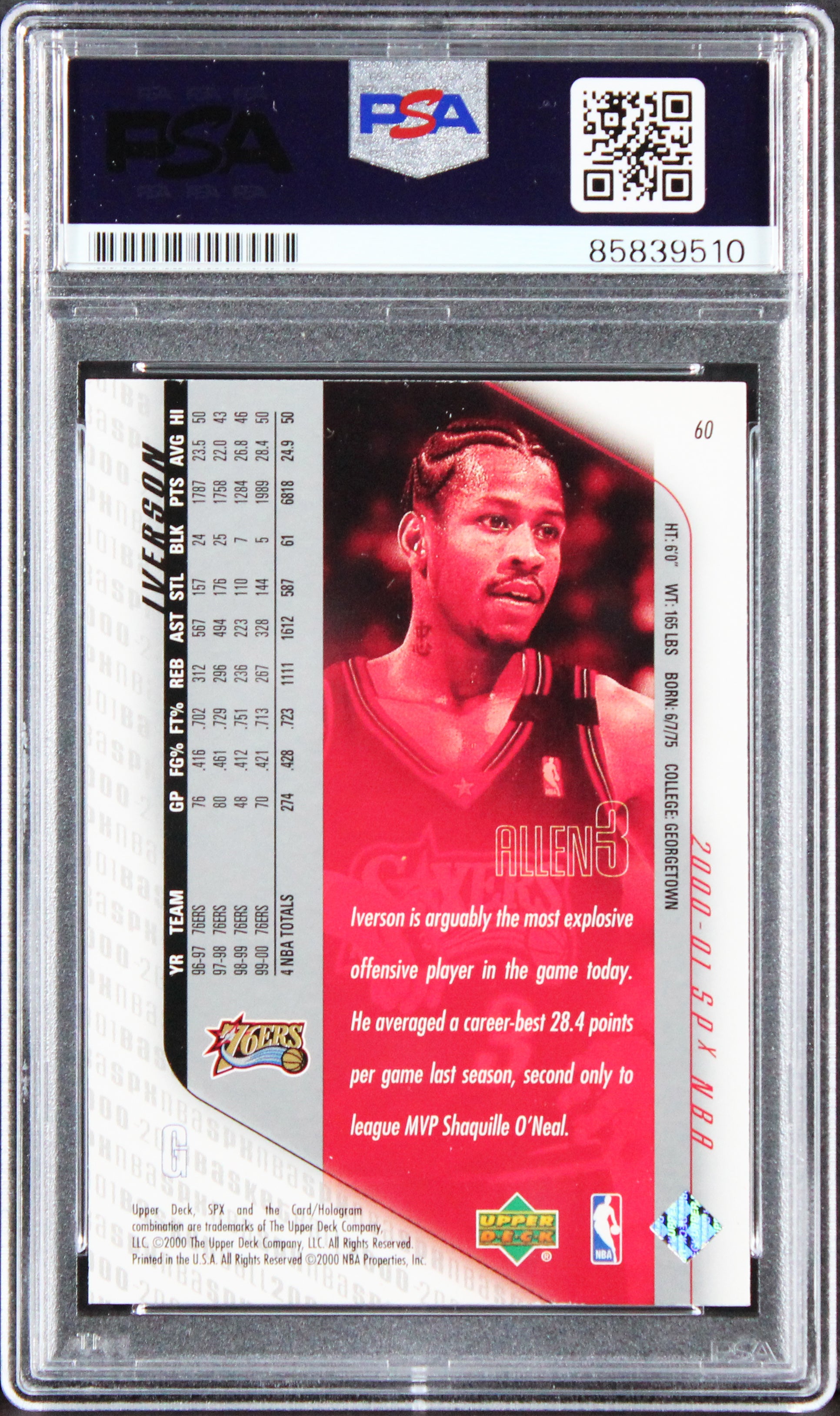76ers Allen Iverson 2000 Upper Deck SPx #60 Card Autographed PSA/DNA Slabbed