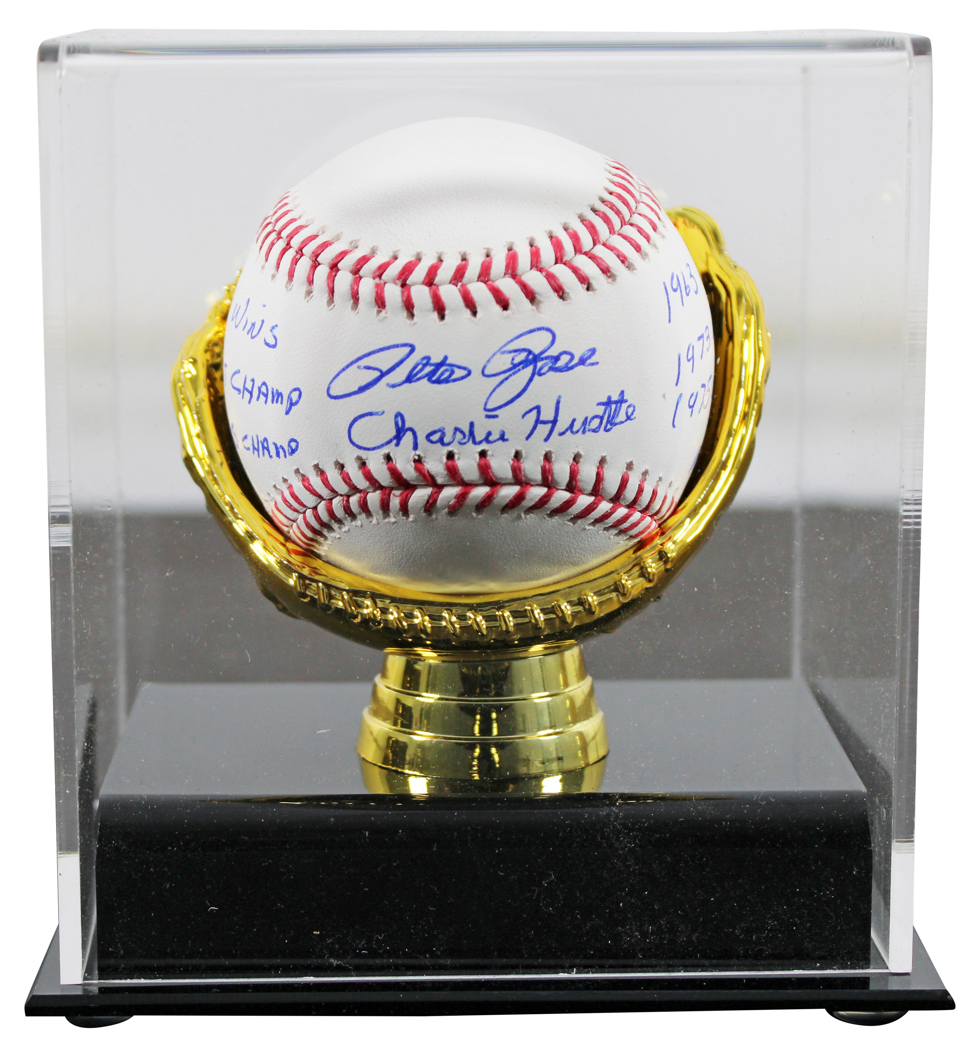 Reds Pete Rose "Career Stat" Authentic Signed Oml Baseball w/ Case BAS Witnessed