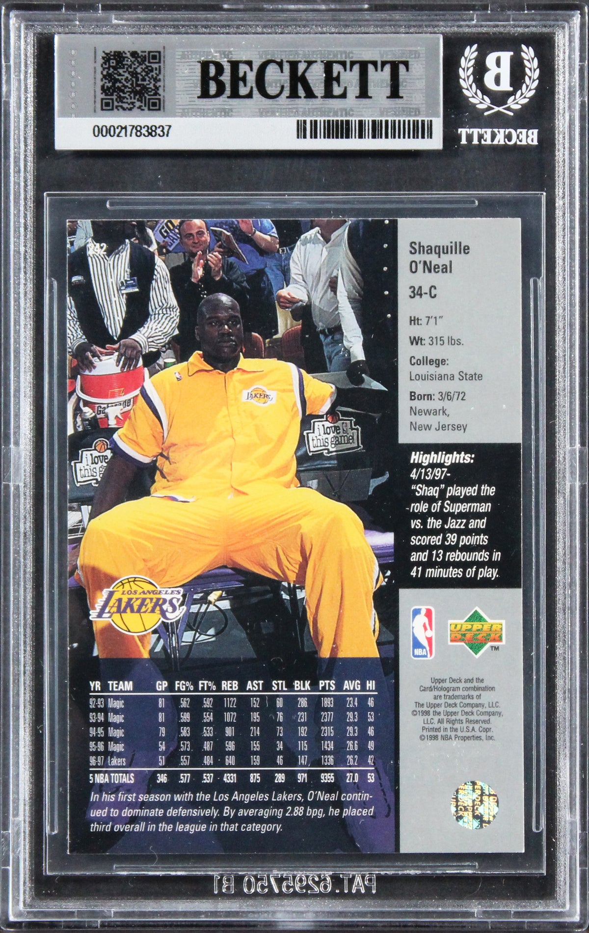 Lakers Shaquille O'Neal Signed 1997 Upper Deck #242 Card Auto 10! BAS Slabbed
