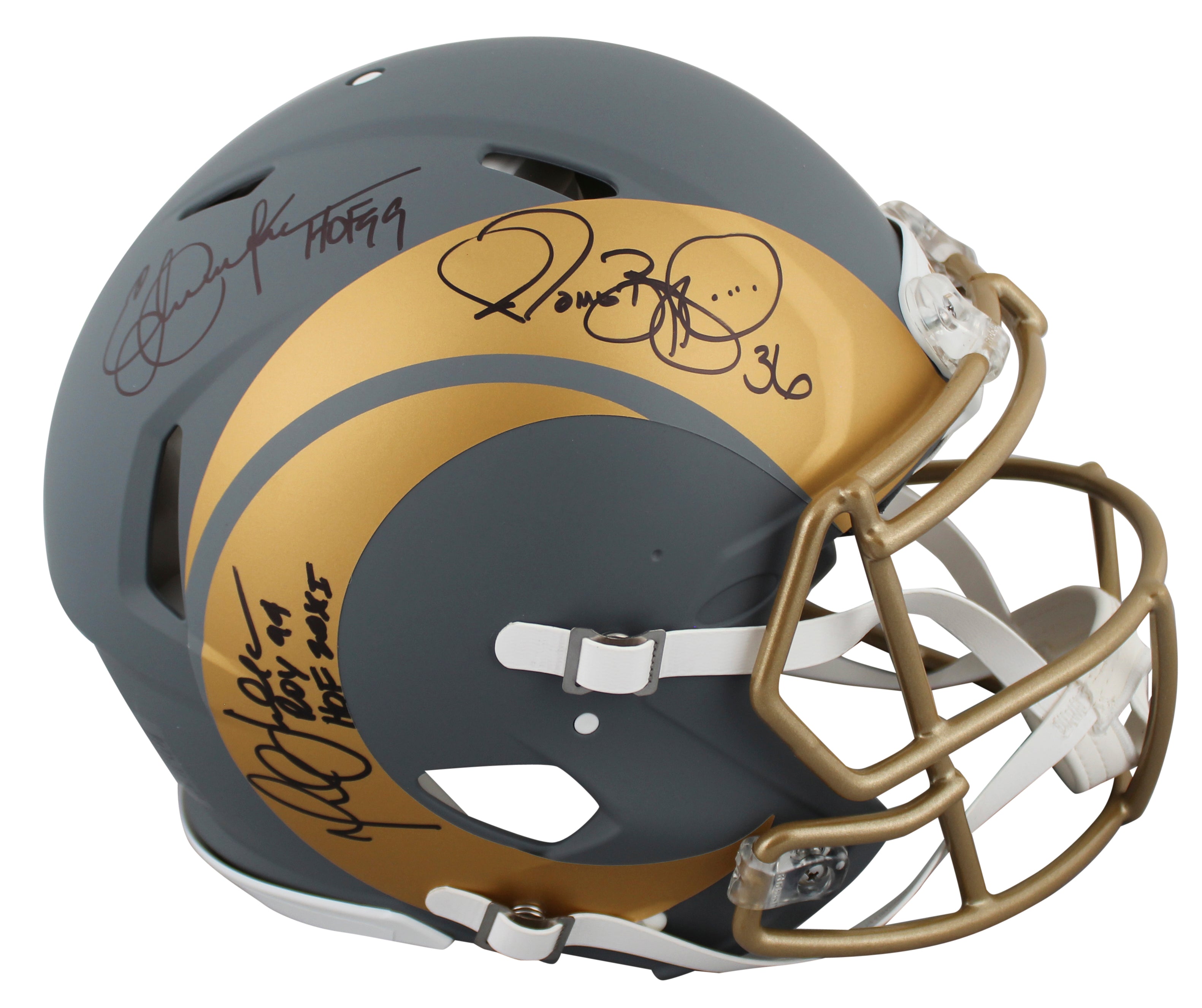 (3) Bettis, Dickerson, & Faulk Signed Slate F/S Speed Proline Helmet w/ Case BAS