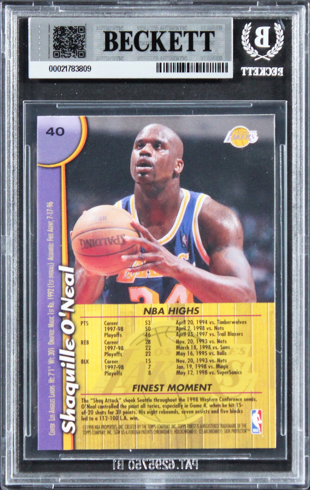 Lakers Shaquille O'Neal Signed 1998 Finest #40 Card Auto Grade 10! BAS Slabbed