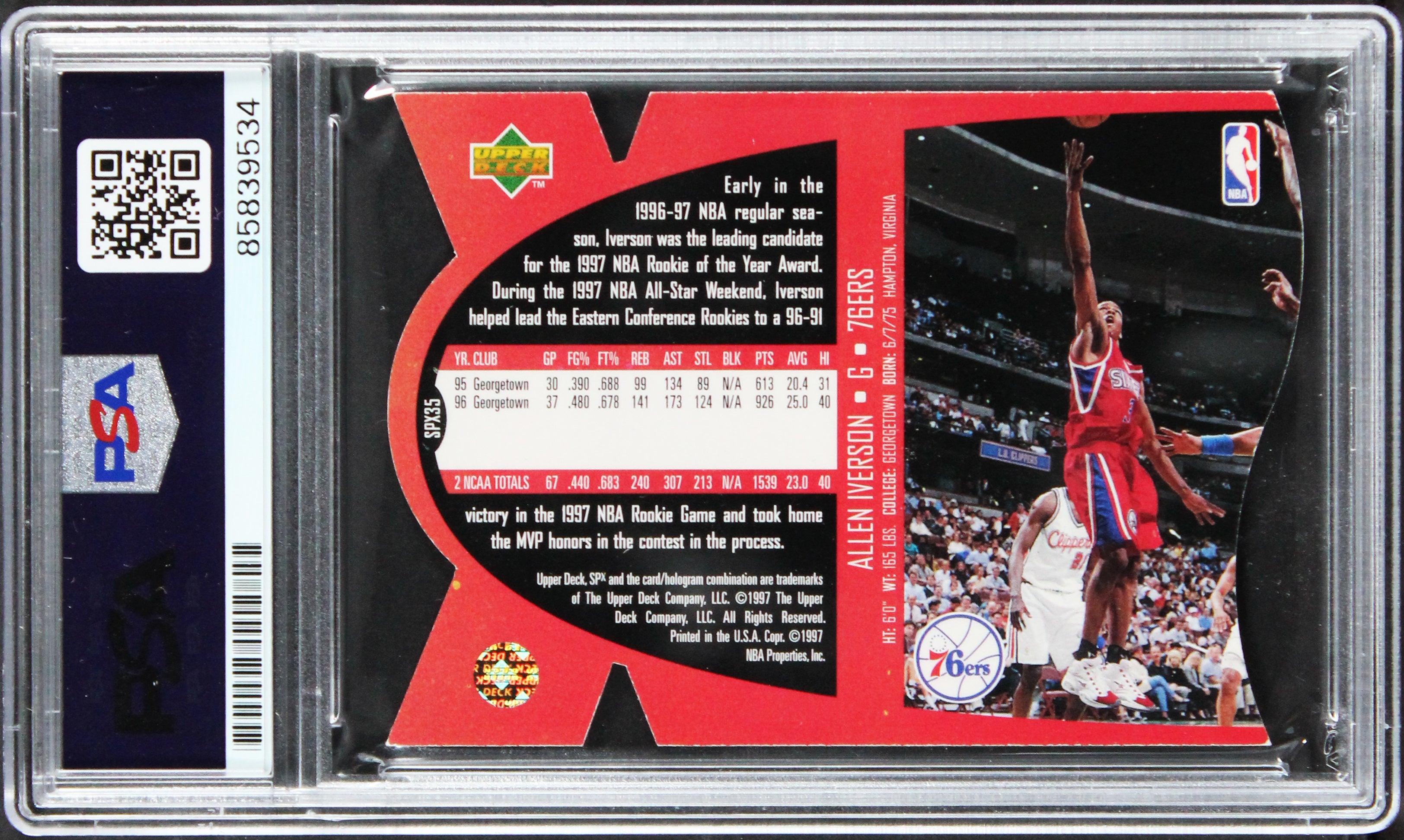 76ers Allen Iverson Signed 1996 Upper Deck SPx #35 Rookie Card PSA/DNA Slabbed